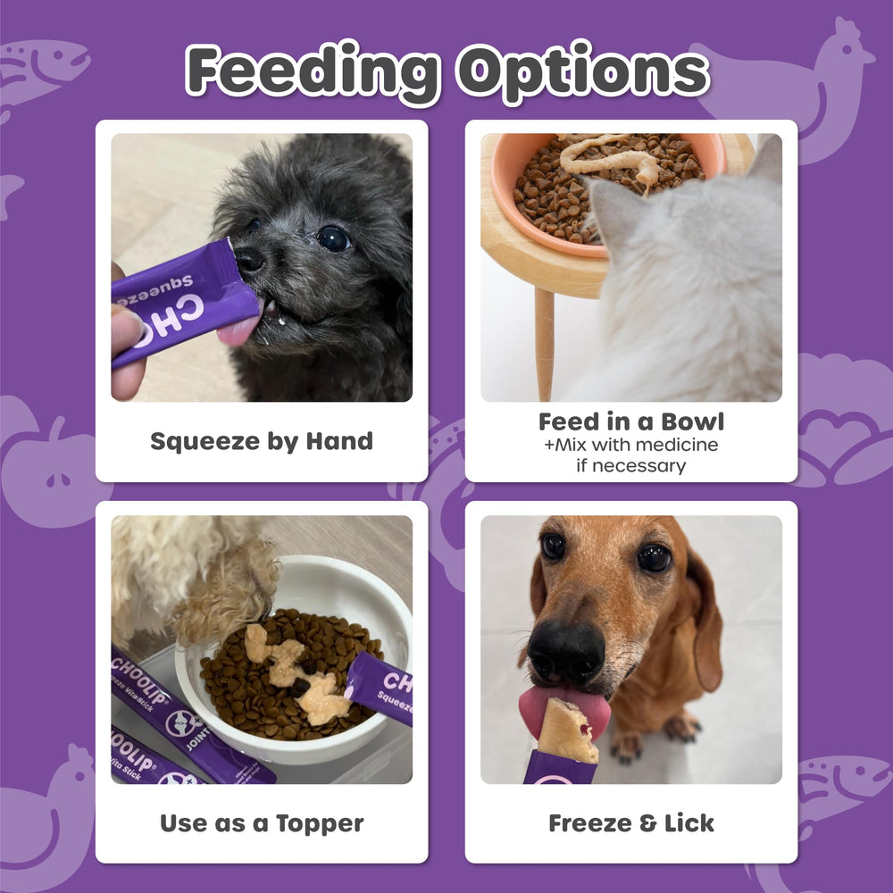 Choolip Squeeze Vita Stick cat and dog treats in bowls