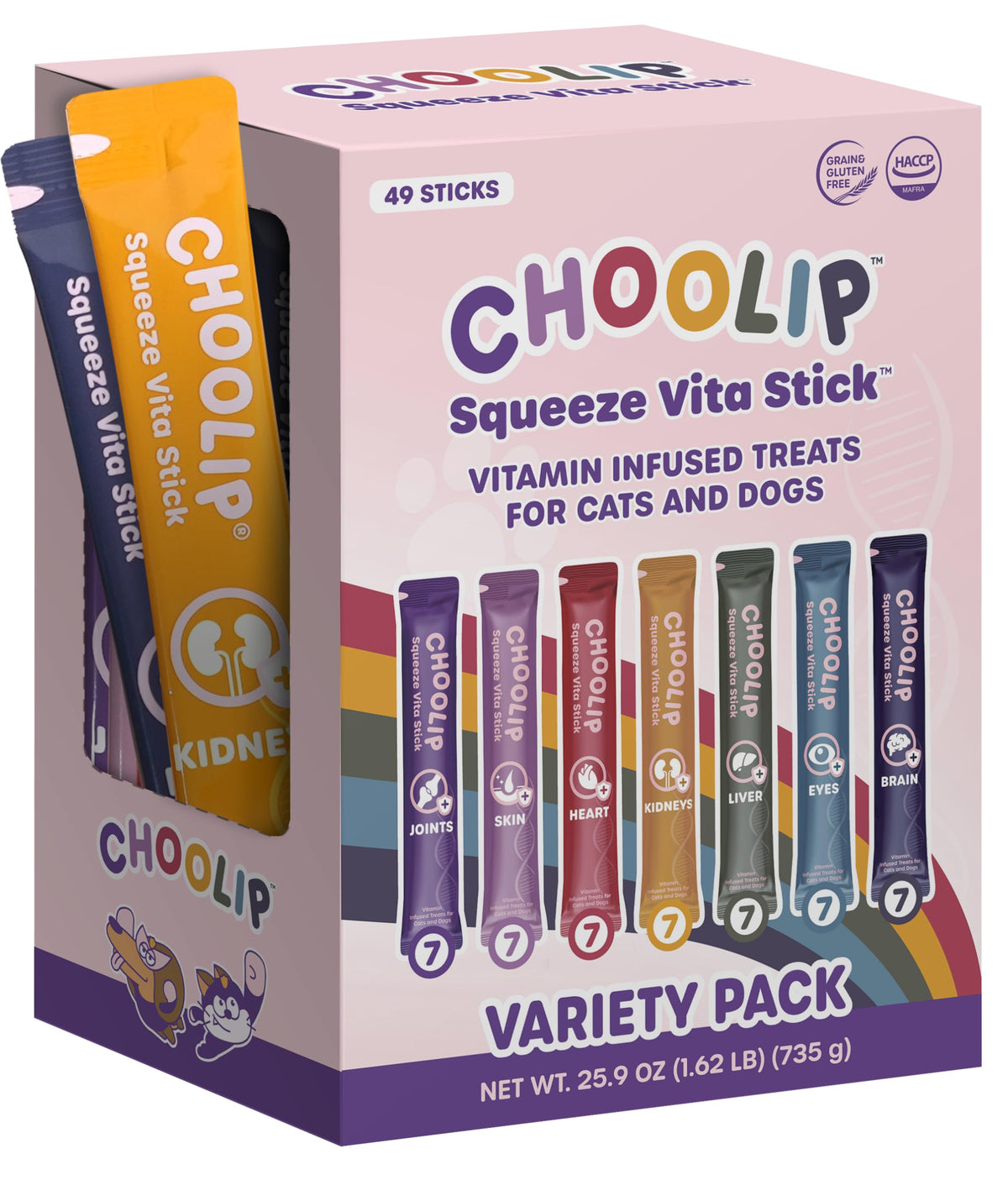 Choolip Squeeze Vita Stick pack shot showing the 49-count variety for cats and dogs.