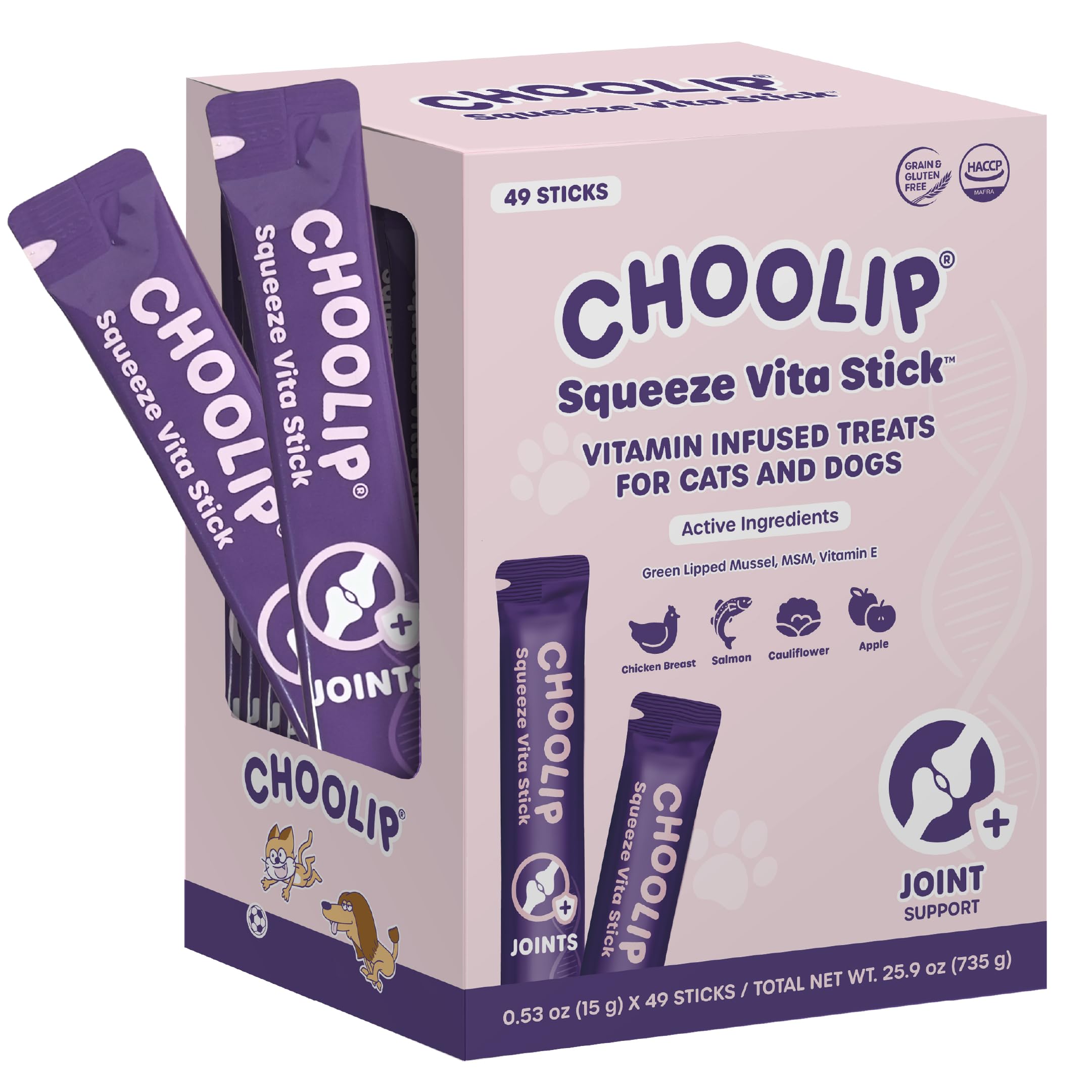 Choolip Squeeze Vita Stick packaging front, convenient joint support treat for pets.