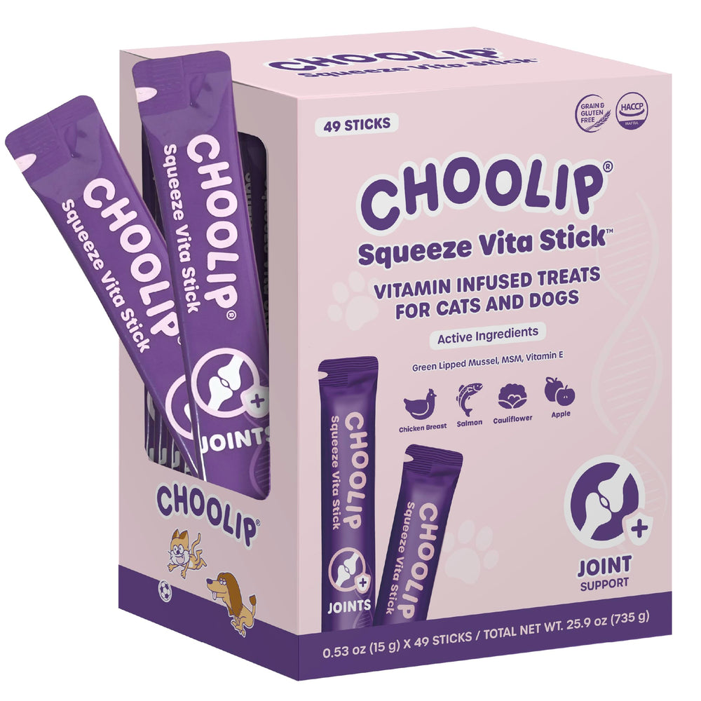 Choolip Squeeze Vita Stick packaging front, convenient joint support treat for pets.