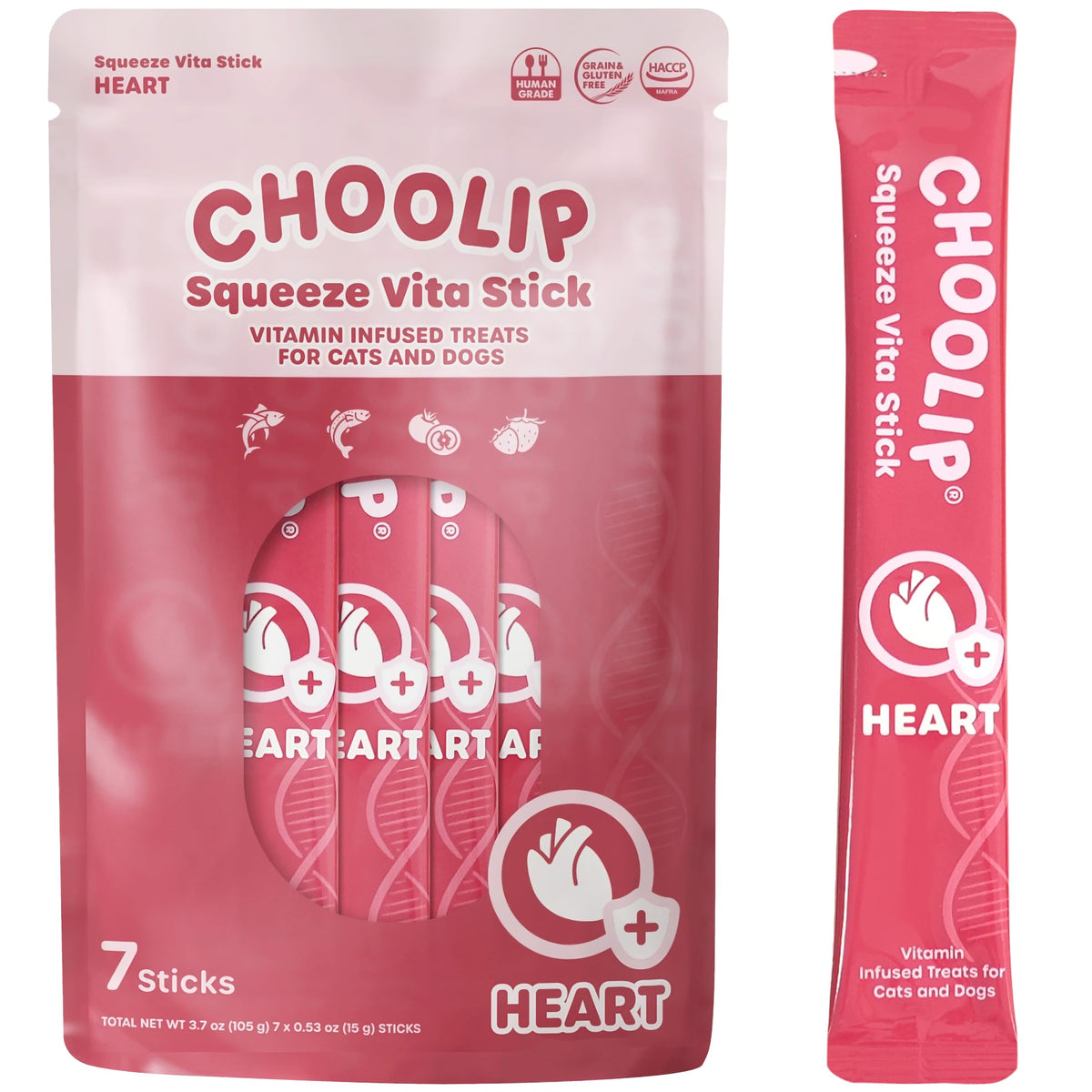 Choolip Squeeze Vita Stick packaging shows vet-formulated heart treats for pets.