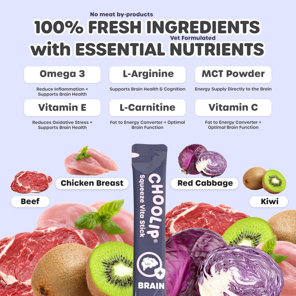 Choolip Squeeze Vita Stick real beef and chicken puree supports brain health.