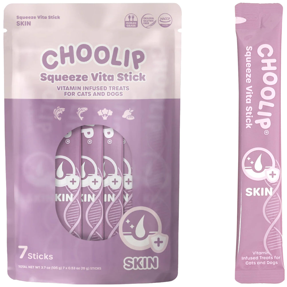 Choolip Squeeze Vita Stick salmon-pollock puree supports a healthy coat.