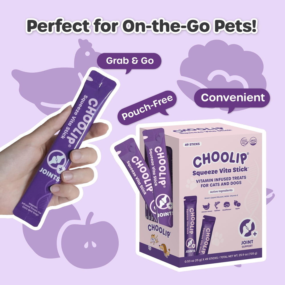 Choolip Squeeze Vita Stick salmon puree, protein-rich lickable treat for joints.