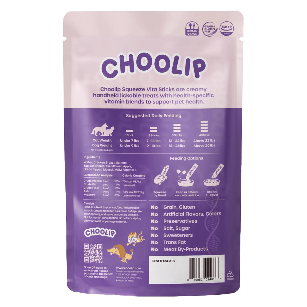 Choolip Squeeze Vita Stick serving on a countertop with pets nearby