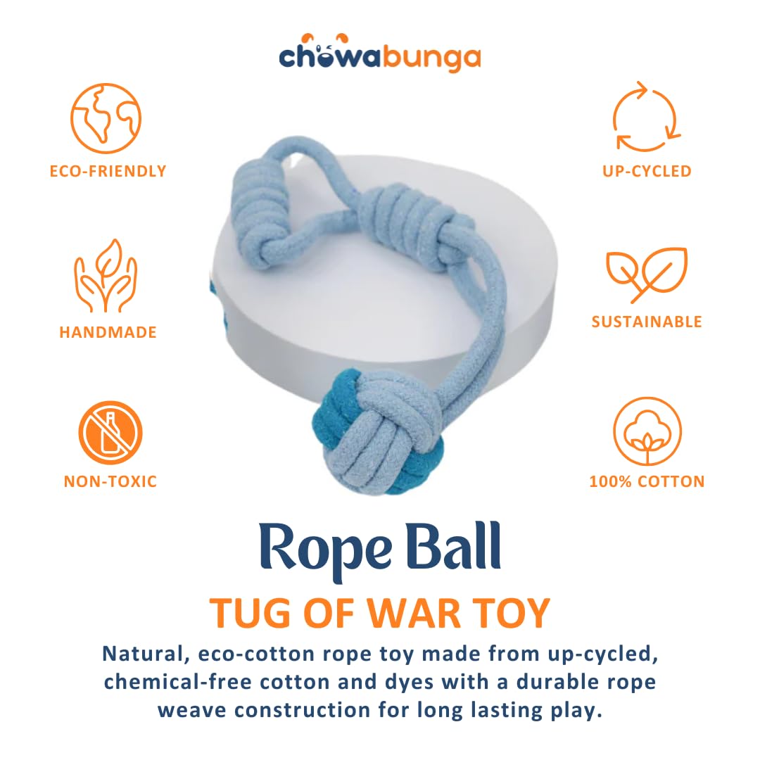 Chowabunga dog toy with grip handle, eco cotton construction for secure play.