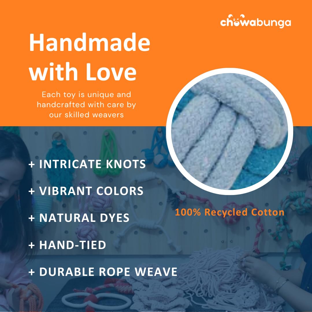 Chowabunga rope toy in eco cotton with non-toxic dyes for vibrant visuals.
