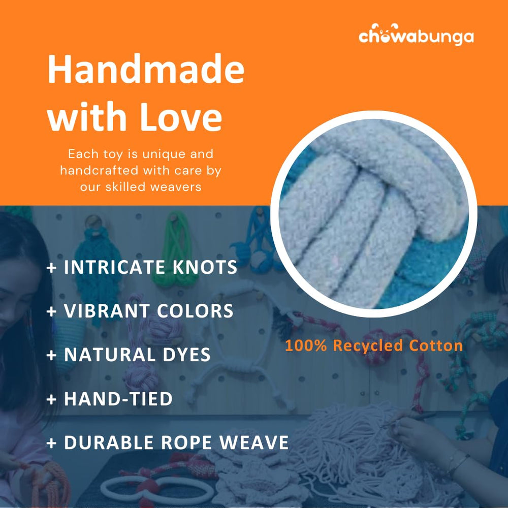 Chowabunga rope toy in eco cotton with non-toxic dyes for vibrant visuals.