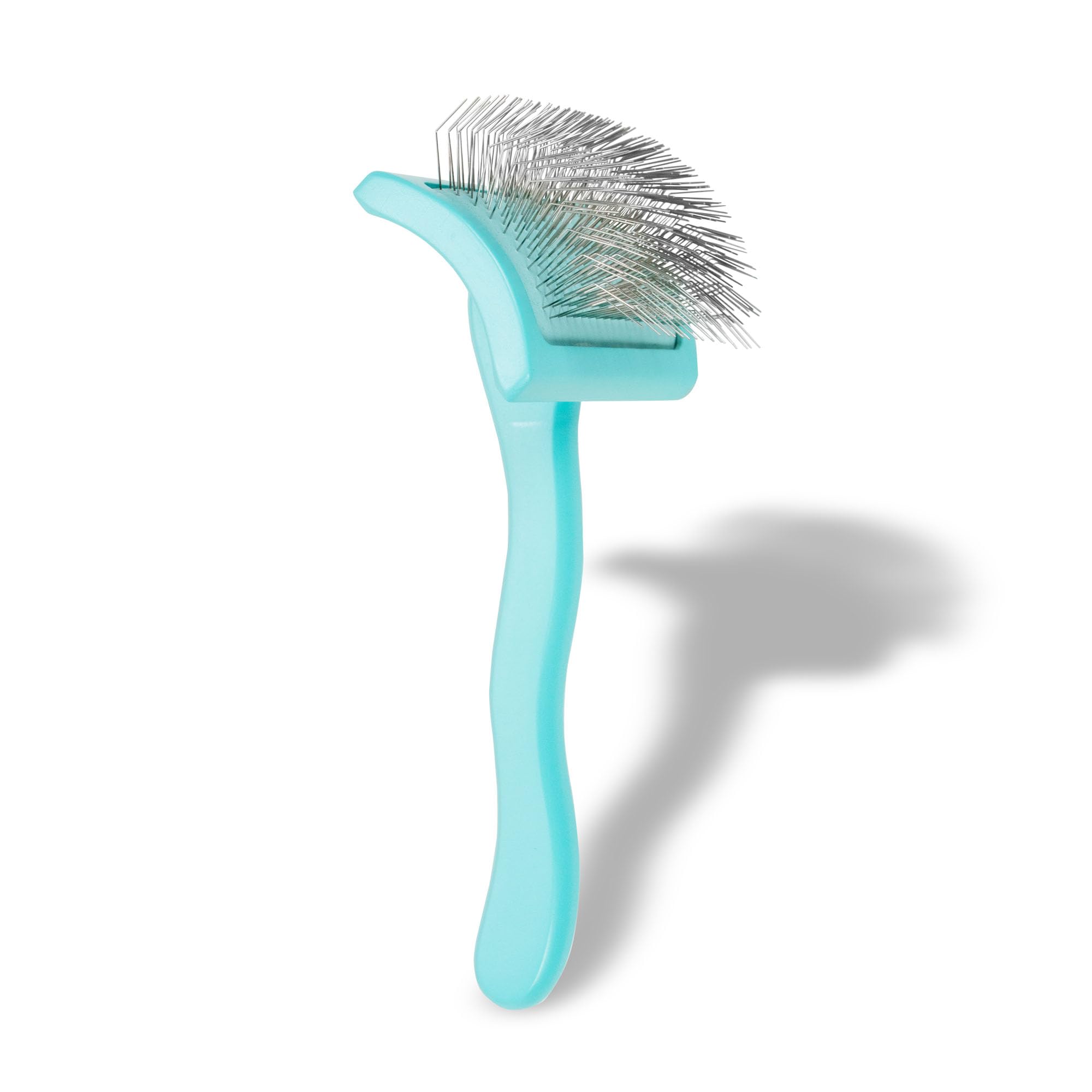 Compact teal brush ready for everyday pet grooming.