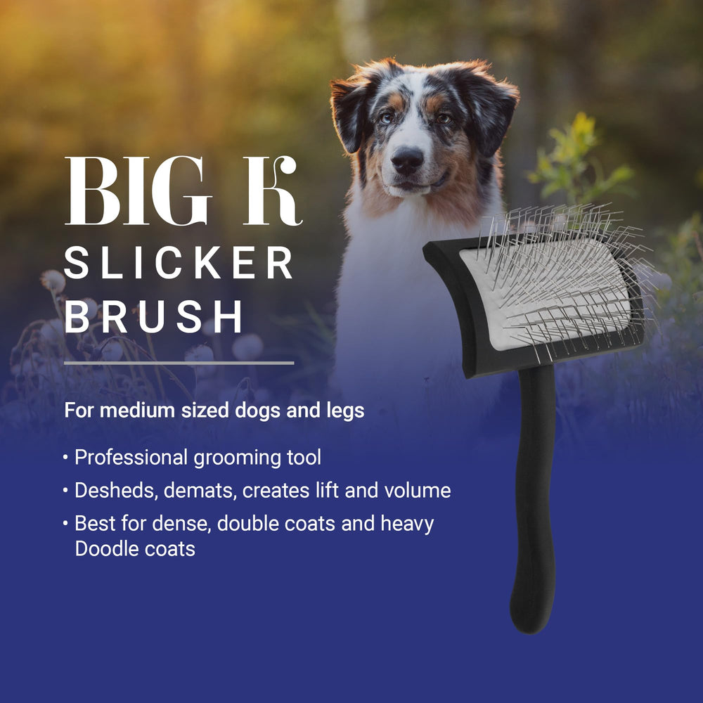 Big K Slicker Brush in action on a doodle coat to remove loose fur
