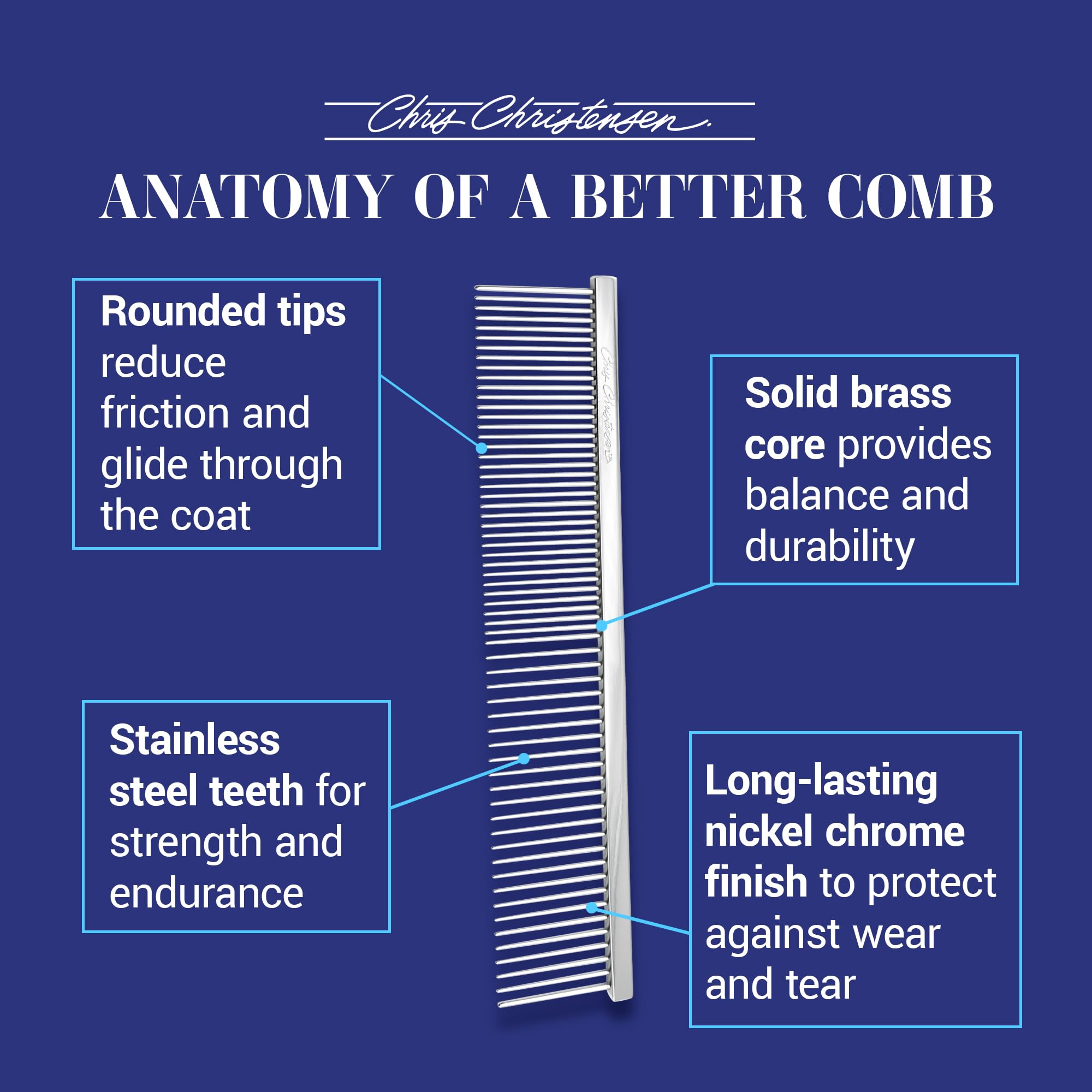 Chris Christensen Buttercomb chrome finish resists wear for long-lasting performance