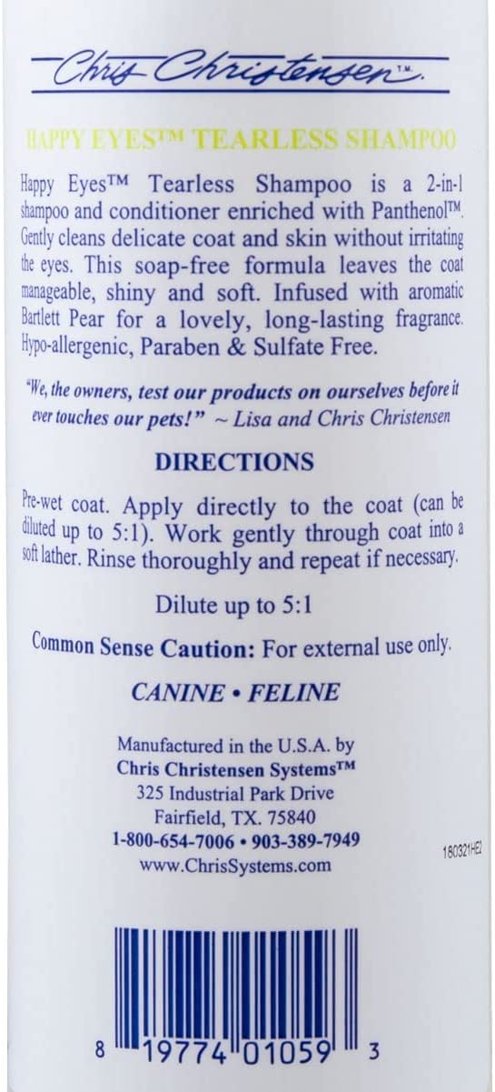 Chris Christensen Happy Eyes tearless formula near dog's eyes for gentle cleansing