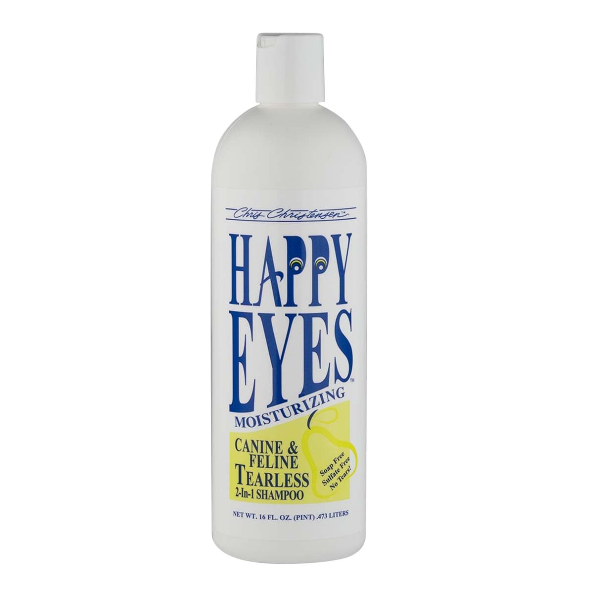 Chris Christensen Happy Eyes tearless shampoo bottle promotes simple at-home grooming