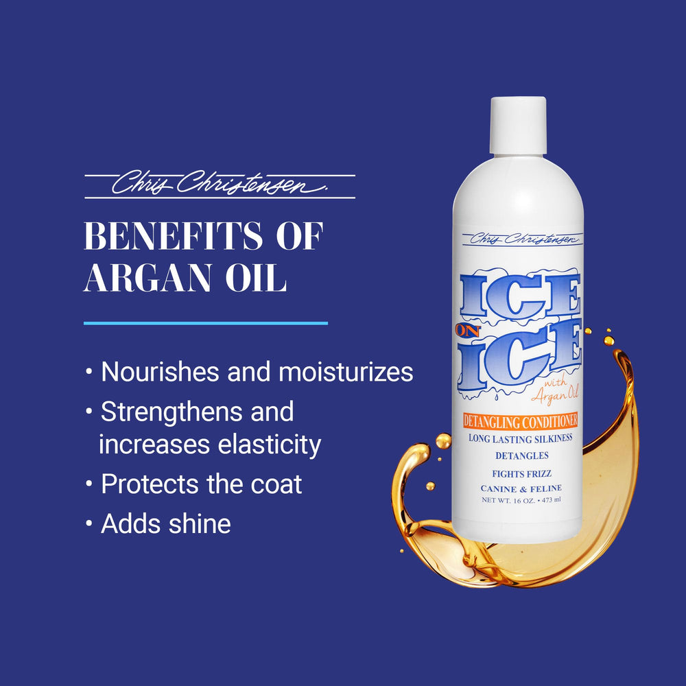Pouring Ice on Ice detangling conditioner to detangle coats