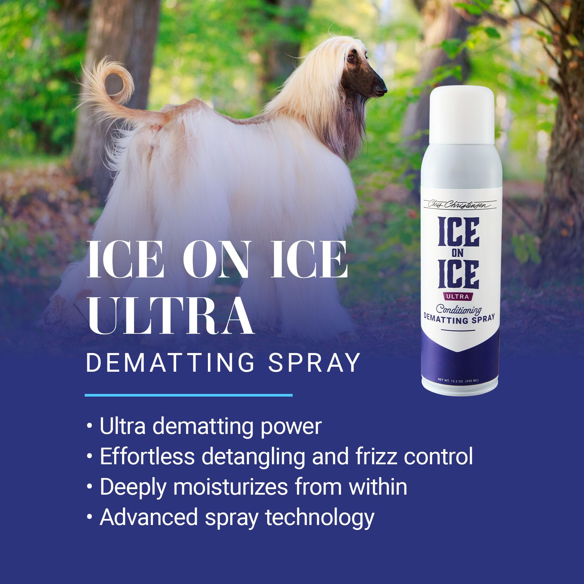 Chris Christensen Ice on Ice Ultra fine mist spray evenly coats the coat for detangling.