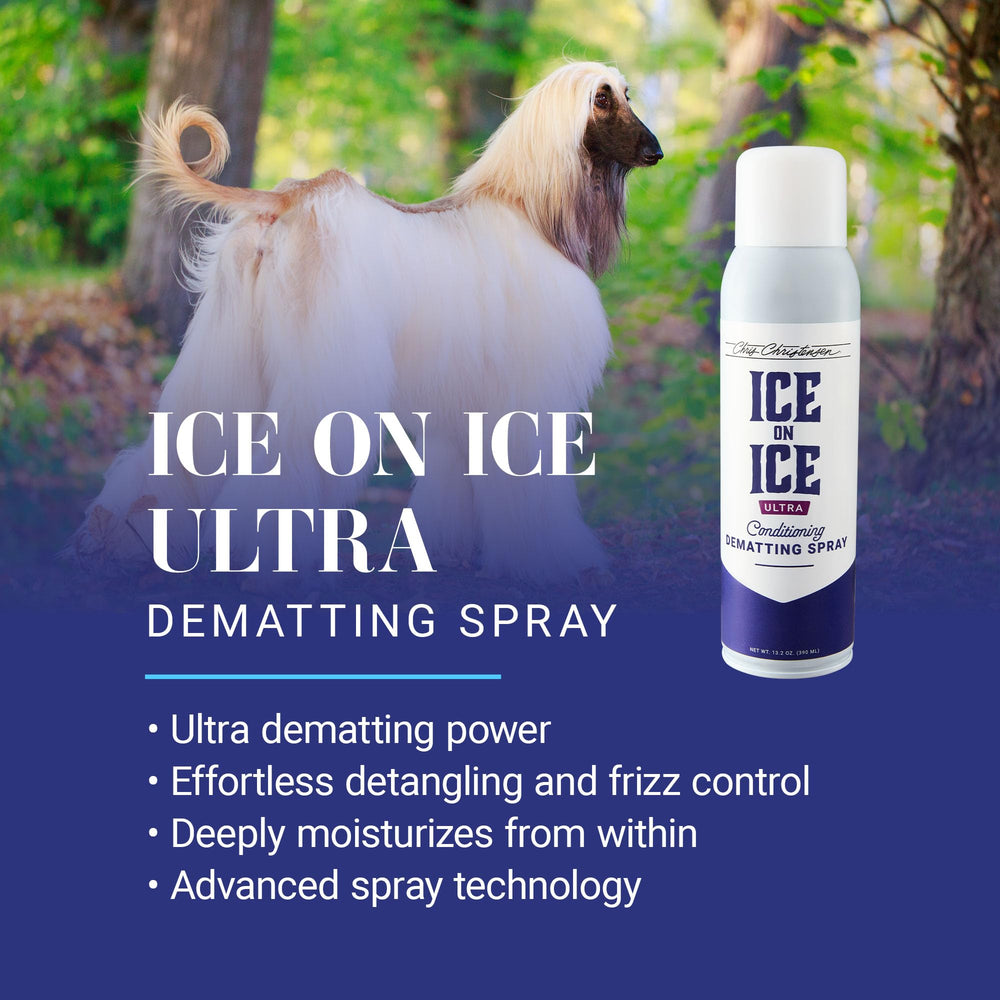 Chris Christensen Ice on Ice Ultra fine mist spray evenly coats the coat for detangling.