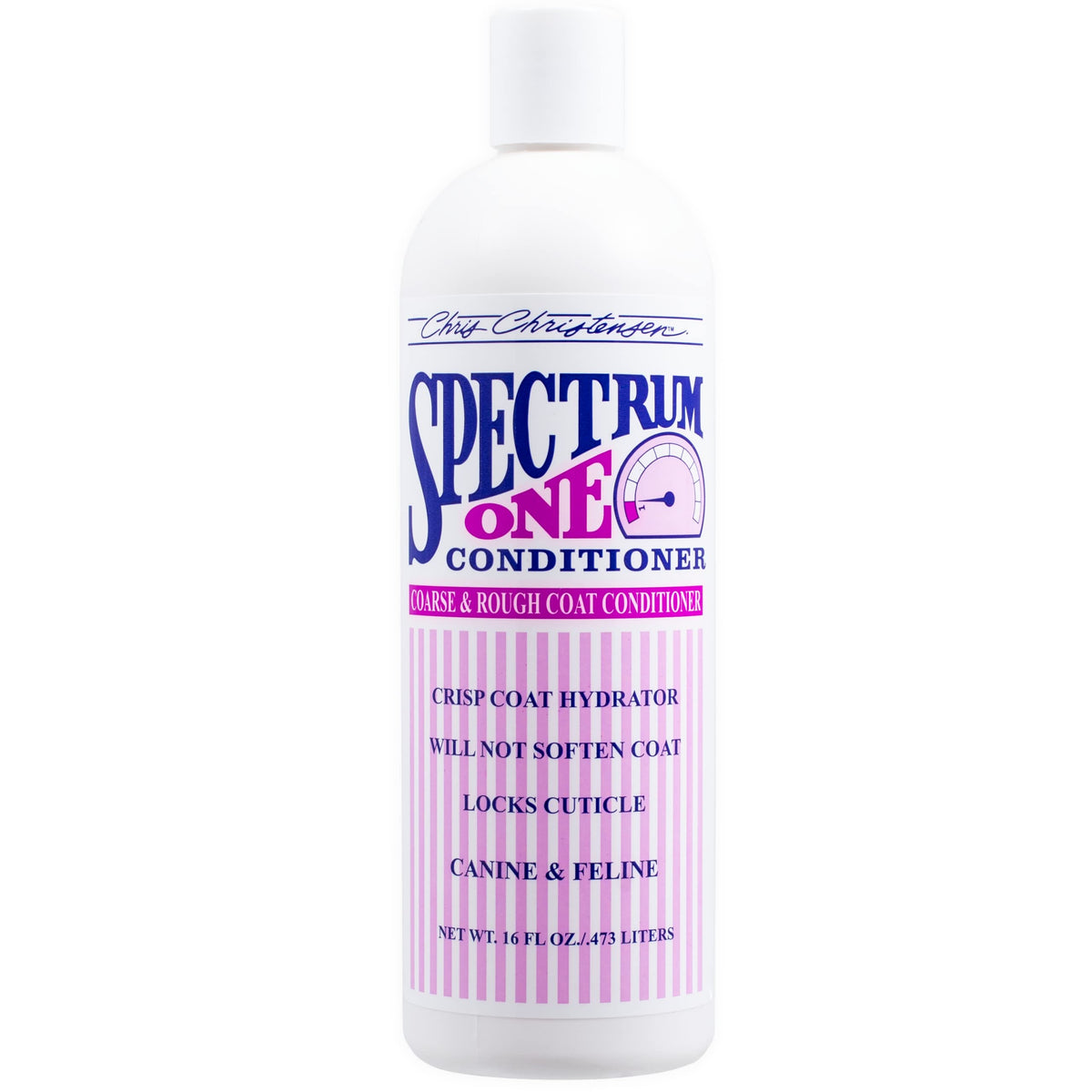 Chris Christensen Spectrum One conditioner bottle for coarse coats hydrates inner cortex for smoother manageability.