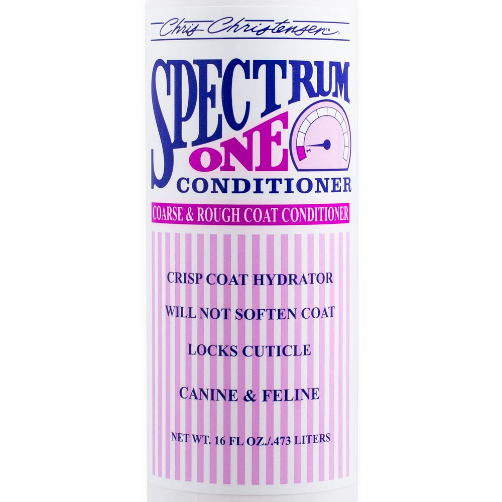 Spectrum One label closeup highlights premium conditioning for coarse coats.