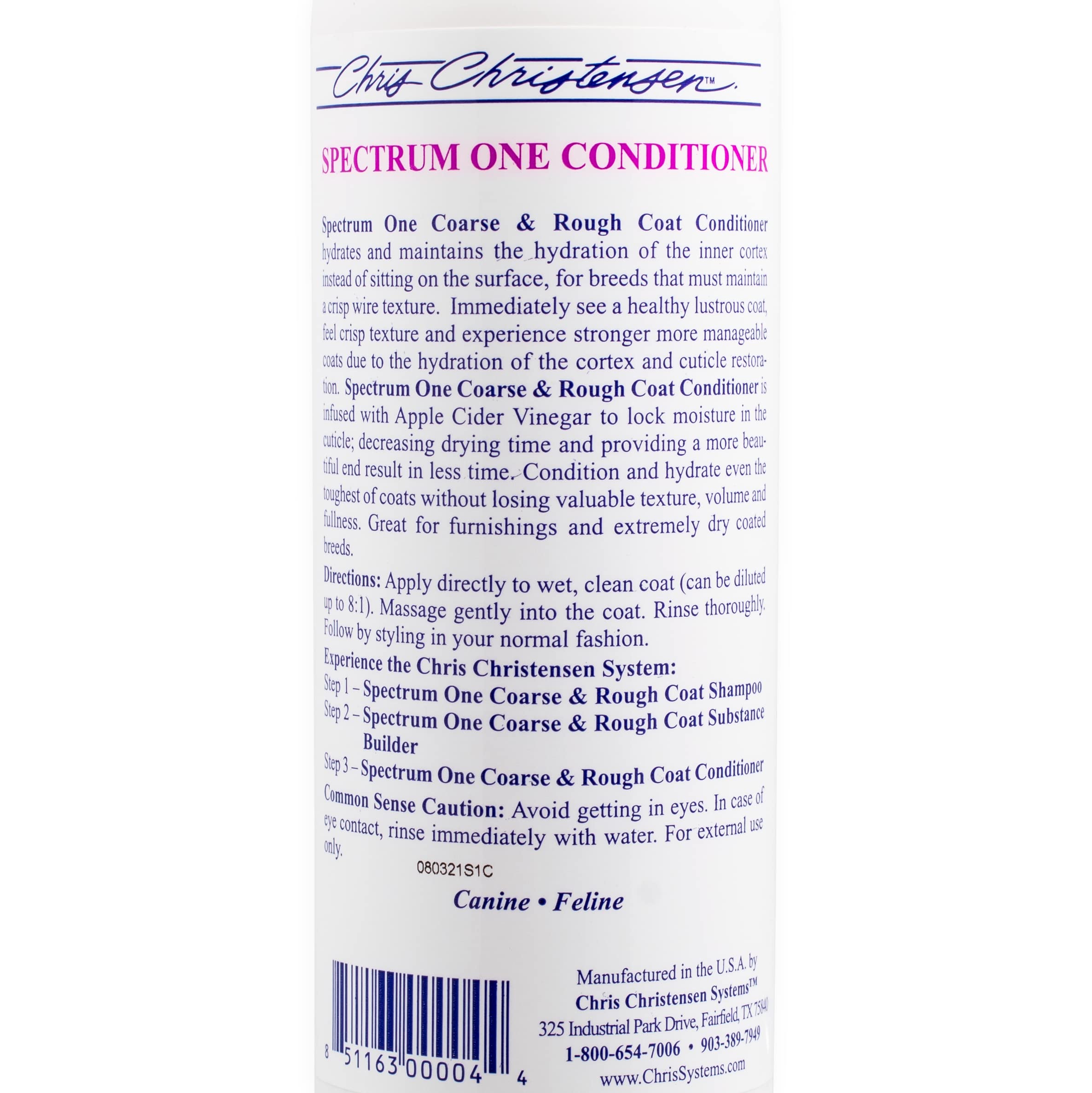 Chris Christensen Spectrum One conditioner USA-made packaging signals professional-grade grooming.