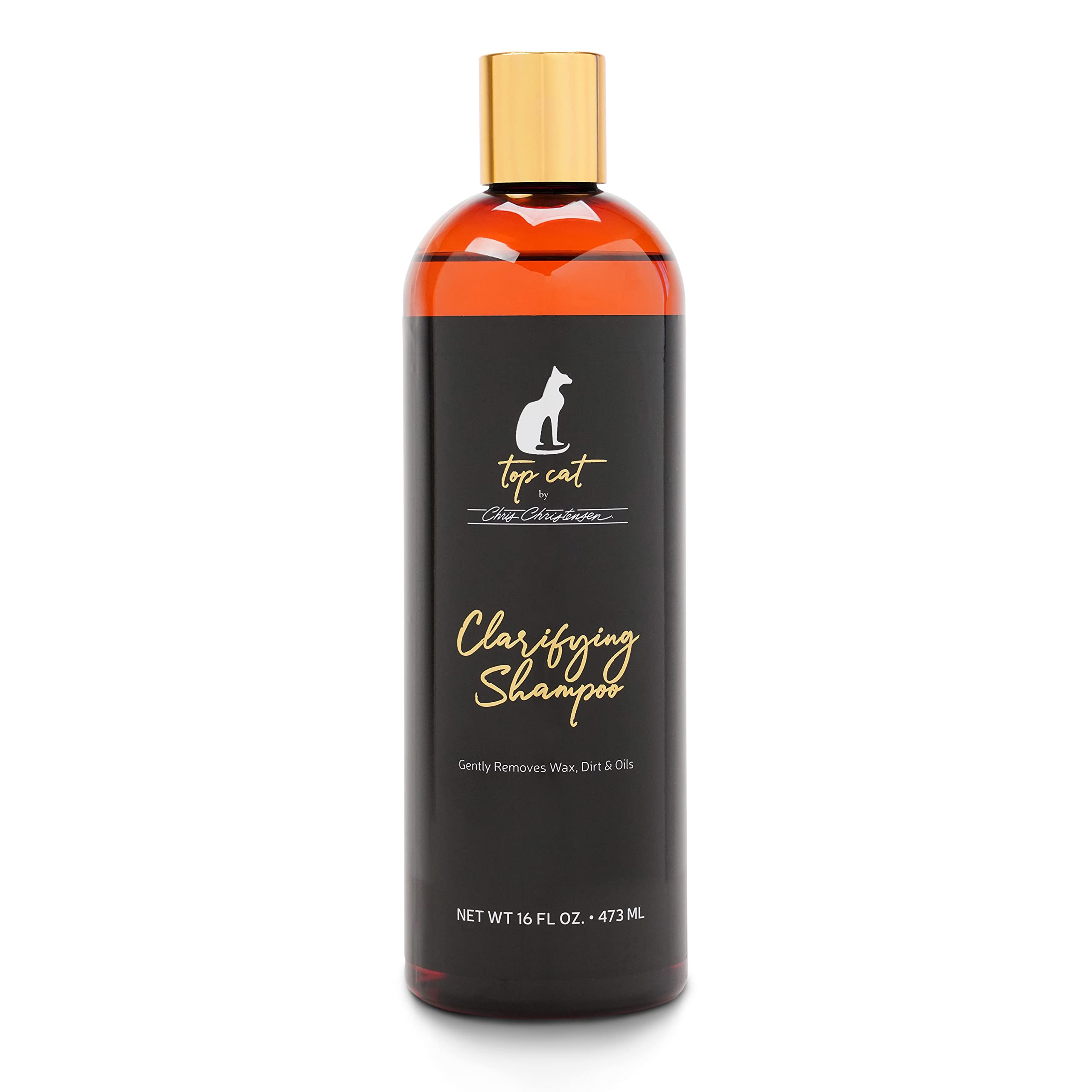 Chris Christensen Top Cat Clarifying Shampoo bottle being poured for a gentle coat refresh