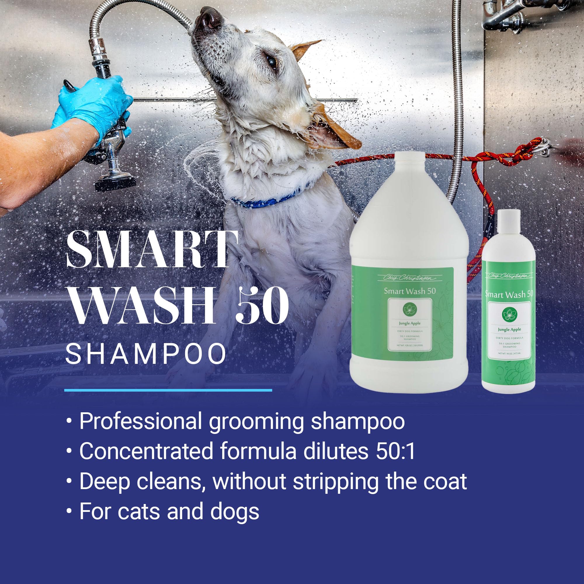 Chris Christensen SmartWash 50 label closeup shows concentrated professional shampoo.