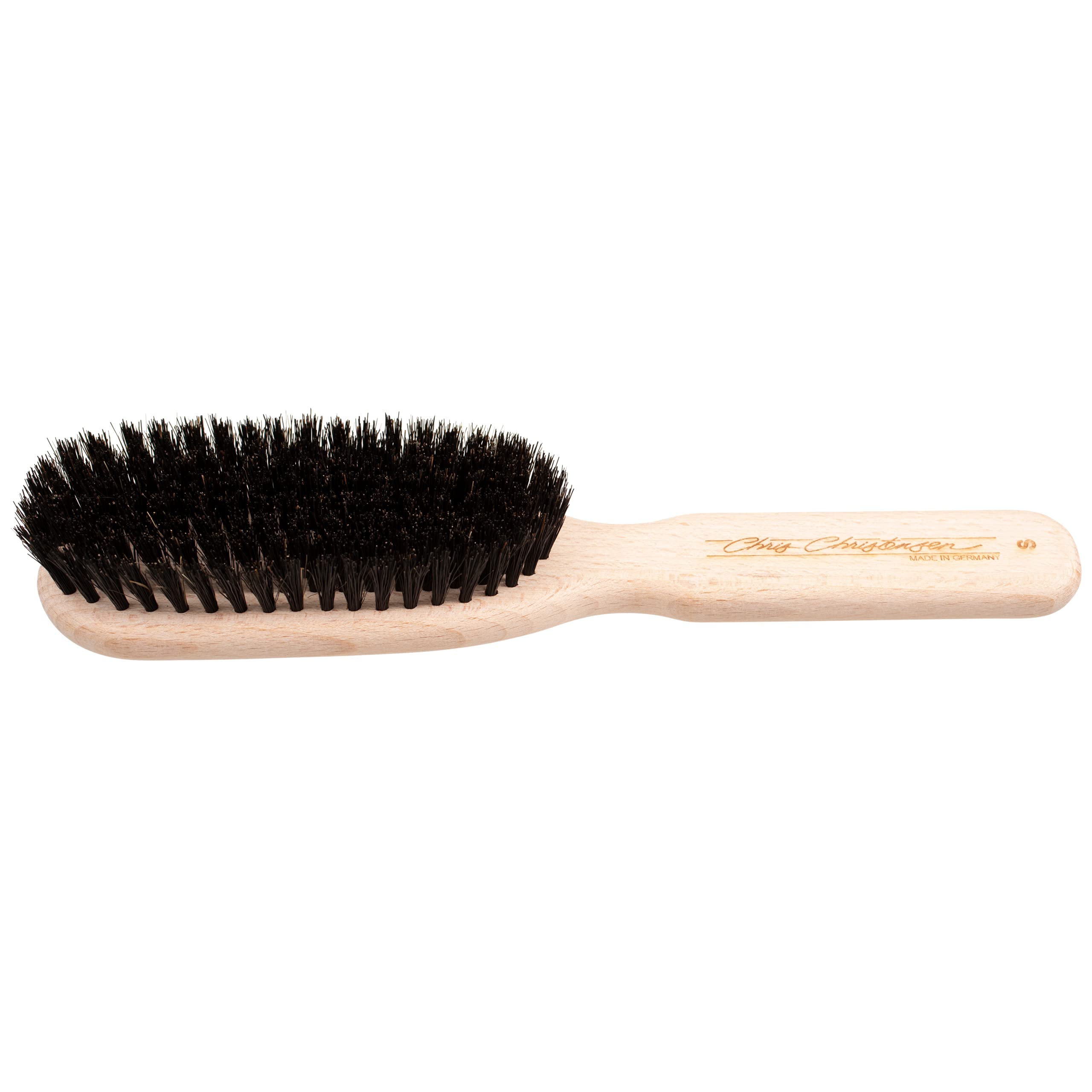 Chris Christensen brush with 8-row boar bristles for even oil distribution