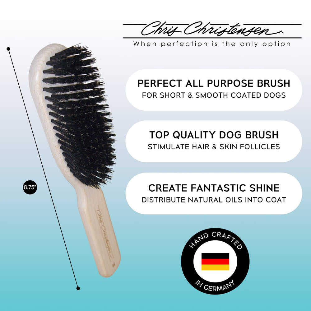 Close-up of beech wood handle on Chris Christensen brush for durable grooming