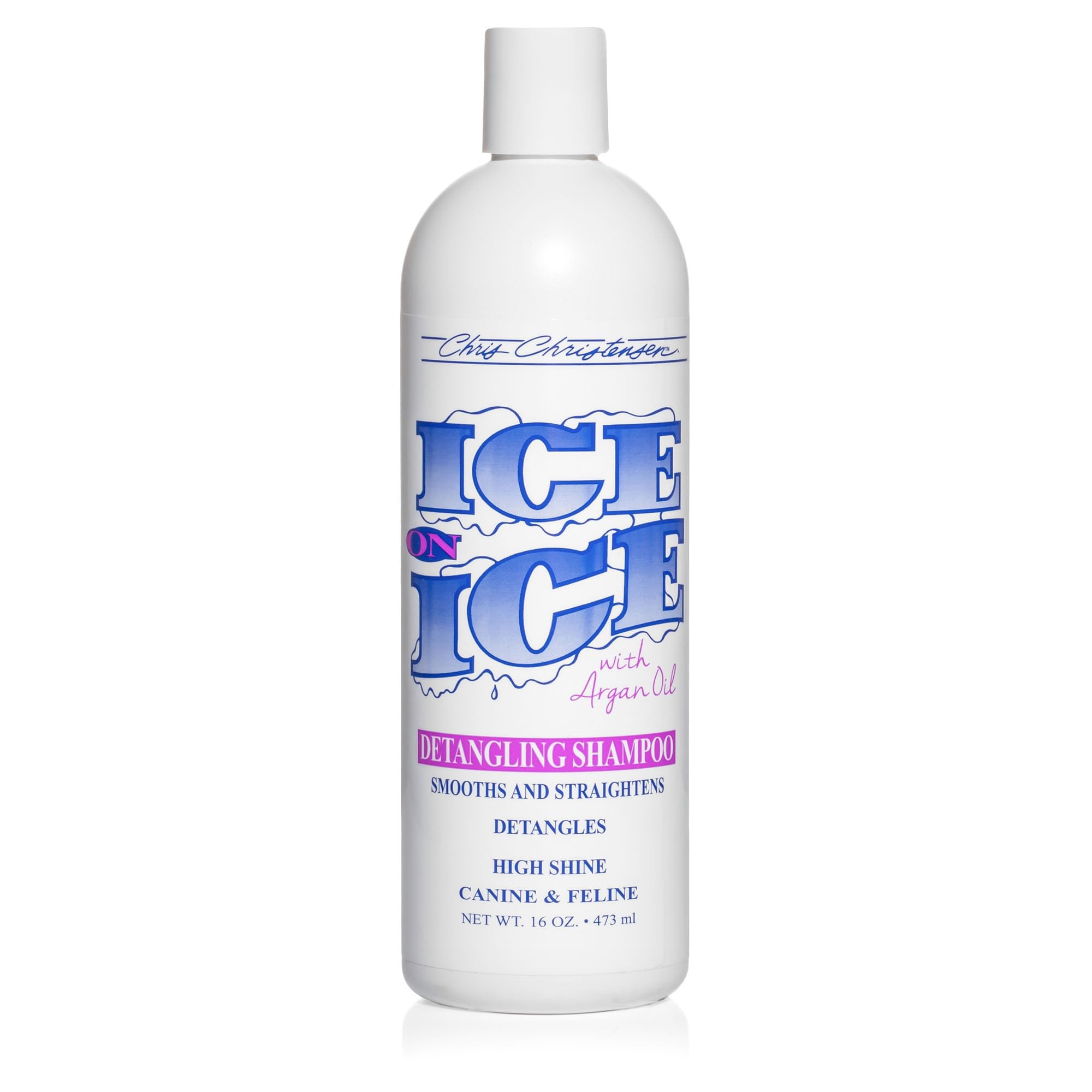 Chris Christensen Ice on Ice shampoo bottle for professional grooming sessions.