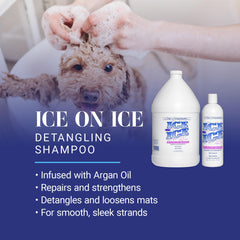 Pouring Ice on Ice shampoo to start a coat cleansing journey.