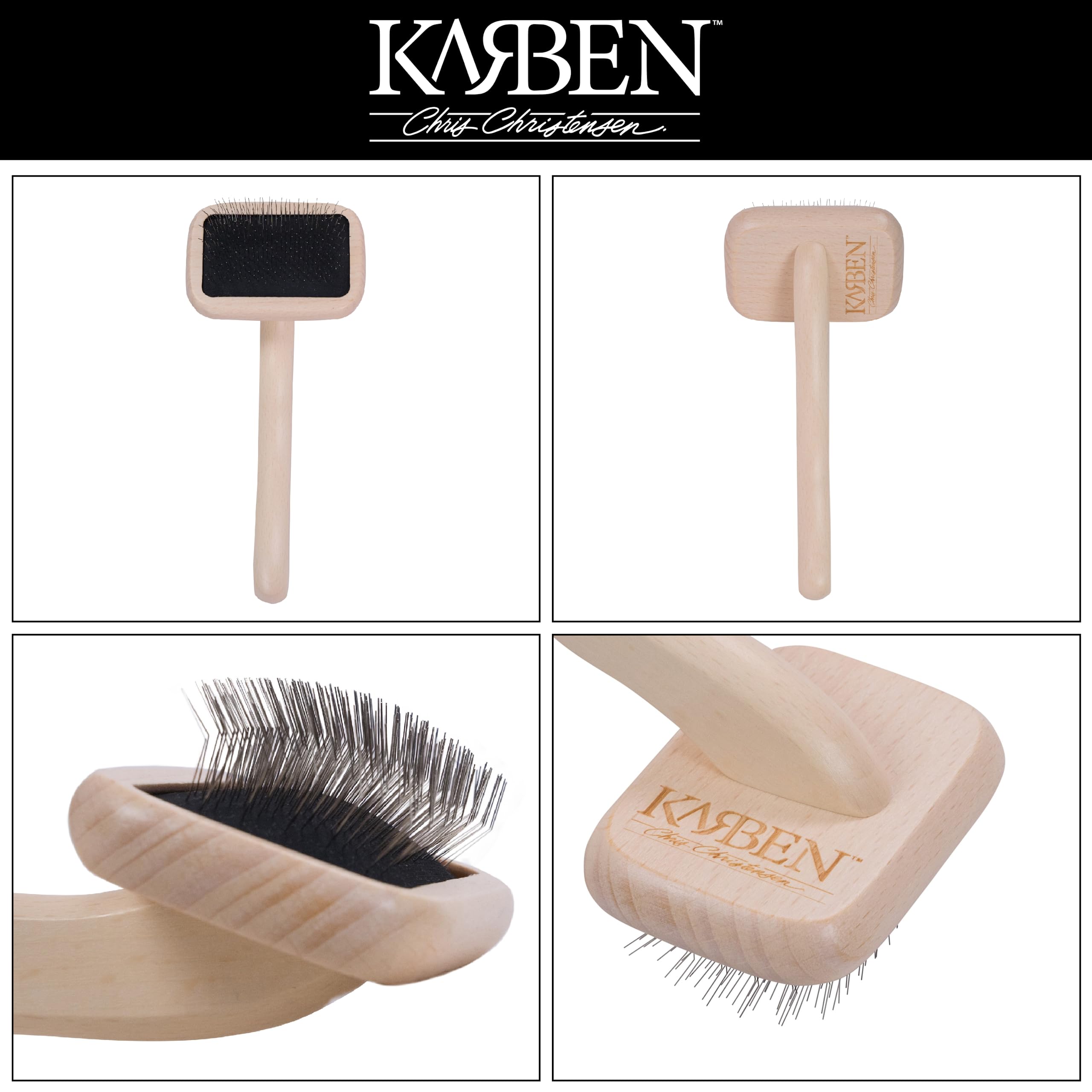Chris Christensen Karben Slicker Brush features an ergonomic handle for comfortable grooming sessions.