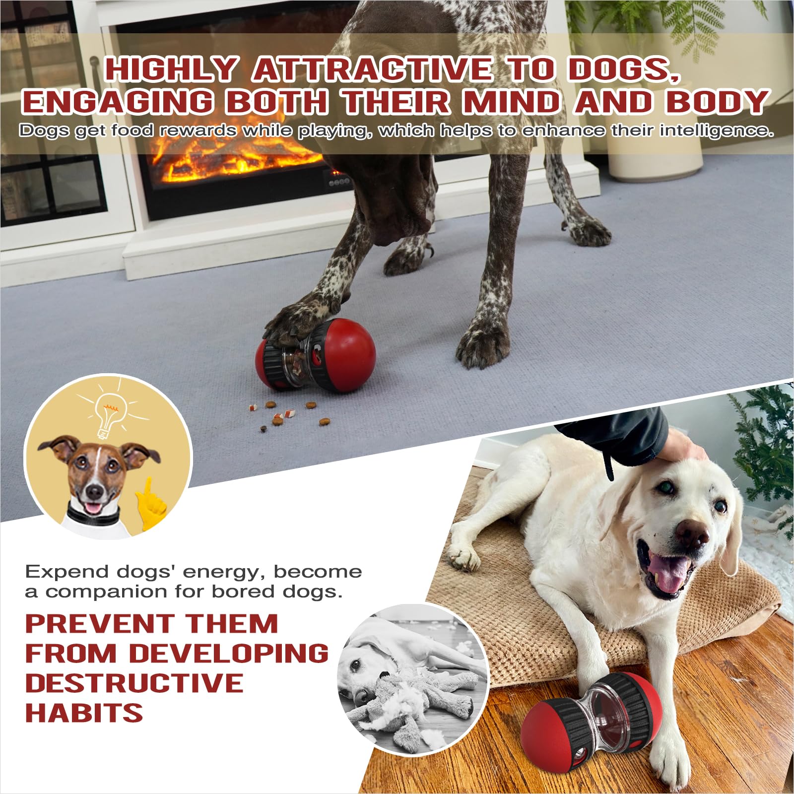 Chronanagese interactive dog puzzle toy size-adjustment feature shown for food size control