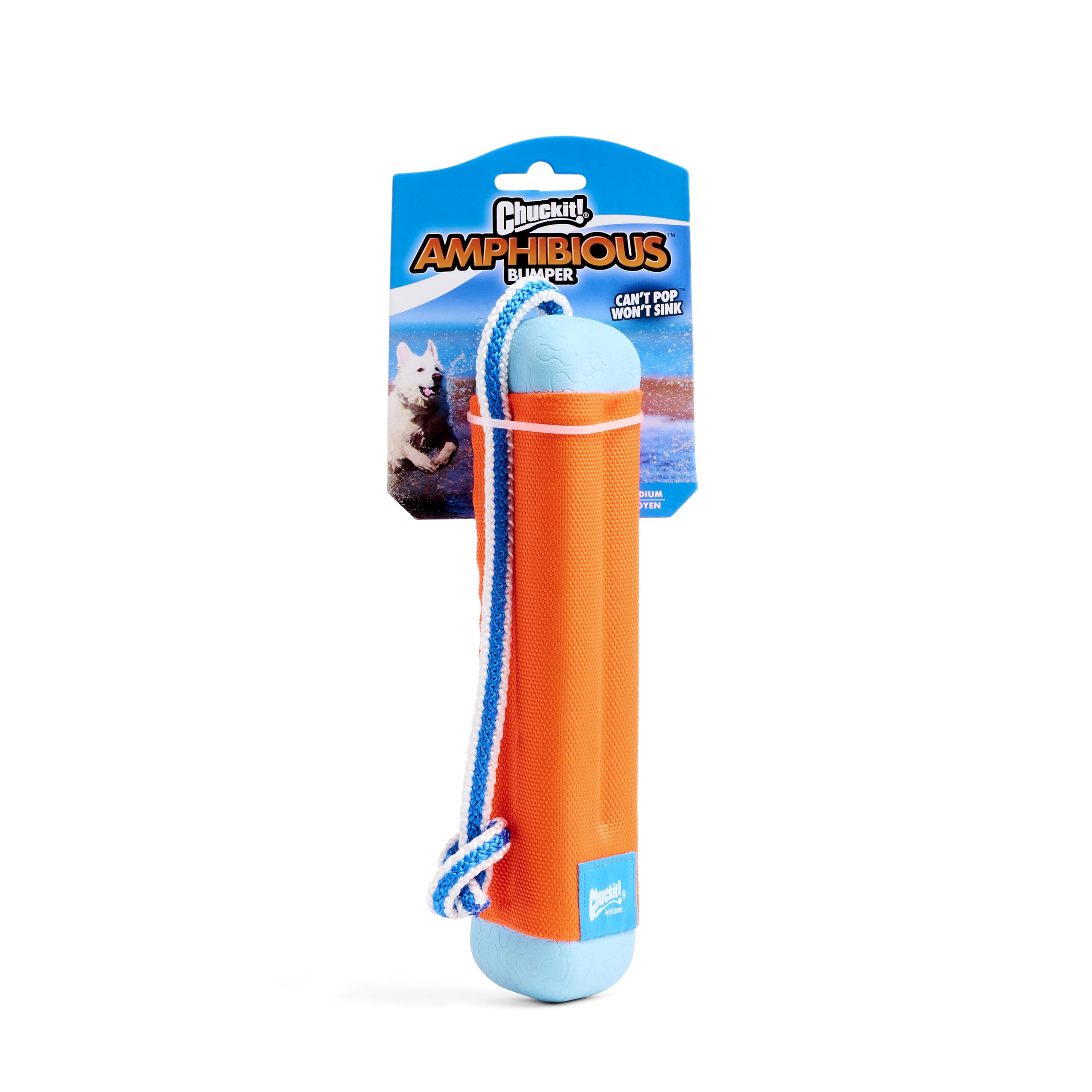 Chuckit Amphibious Bumper bright orange and blue increases visibility.
