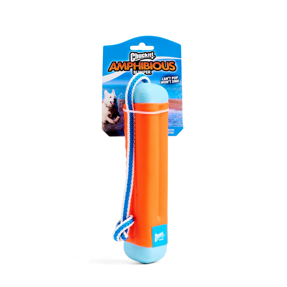 Chuckit Amphibious Bumper bright orange and blue increases visibility.