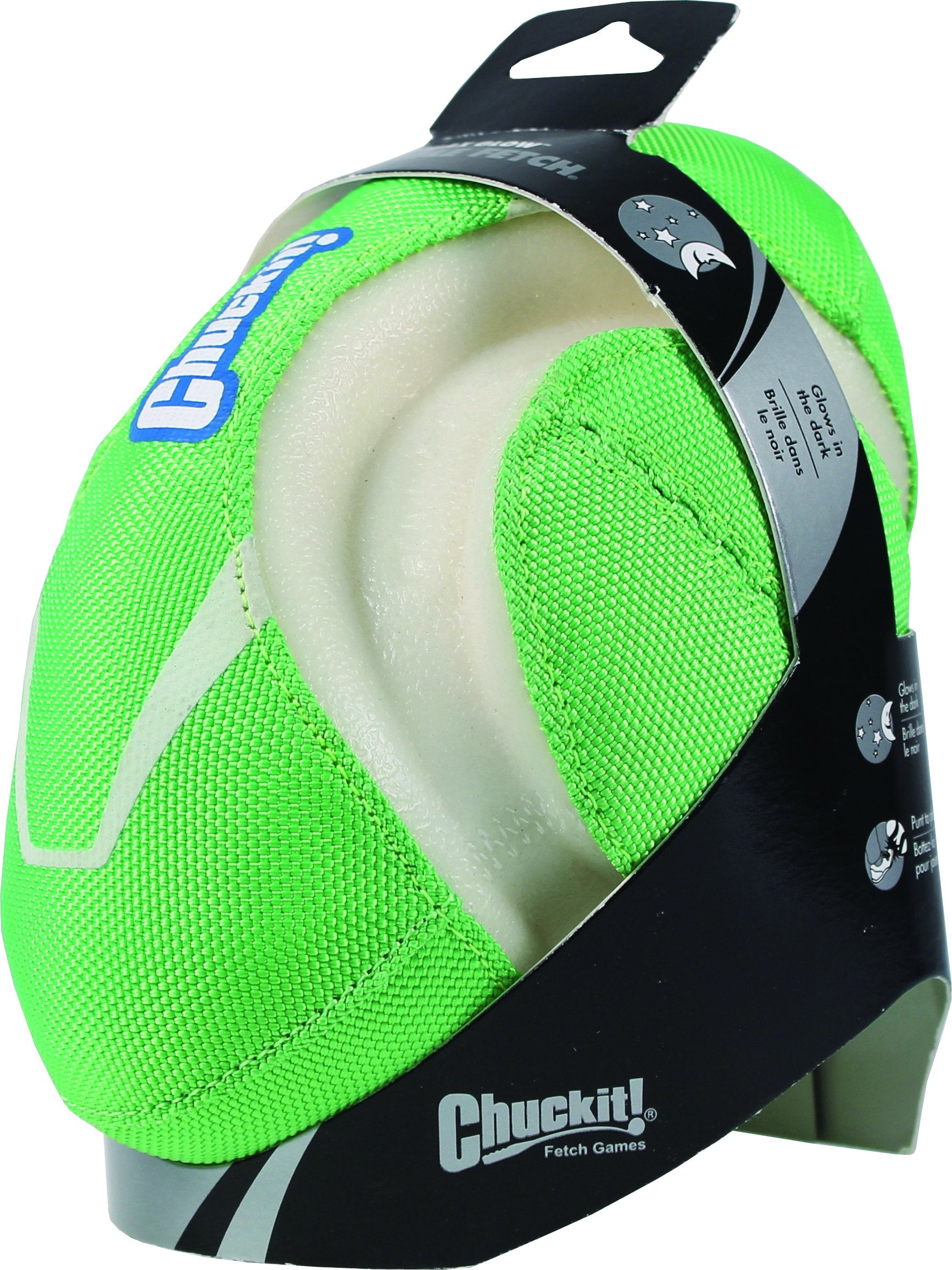 Chuckit! Max Glow Fumble Fetch dog football glows at night for easier night play.