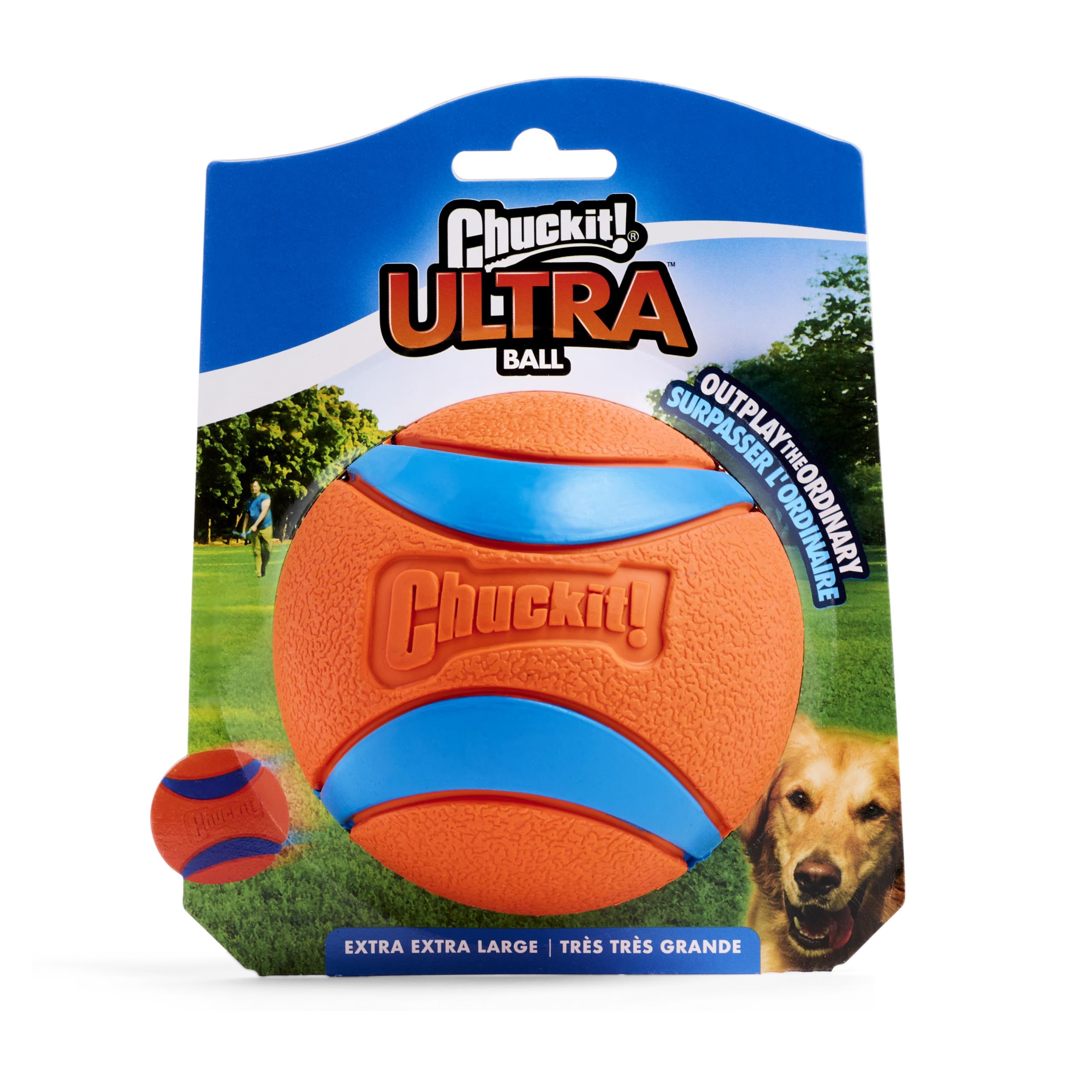 Chuckit Ultra Ball XXL designed for dogs over 100 pounds.