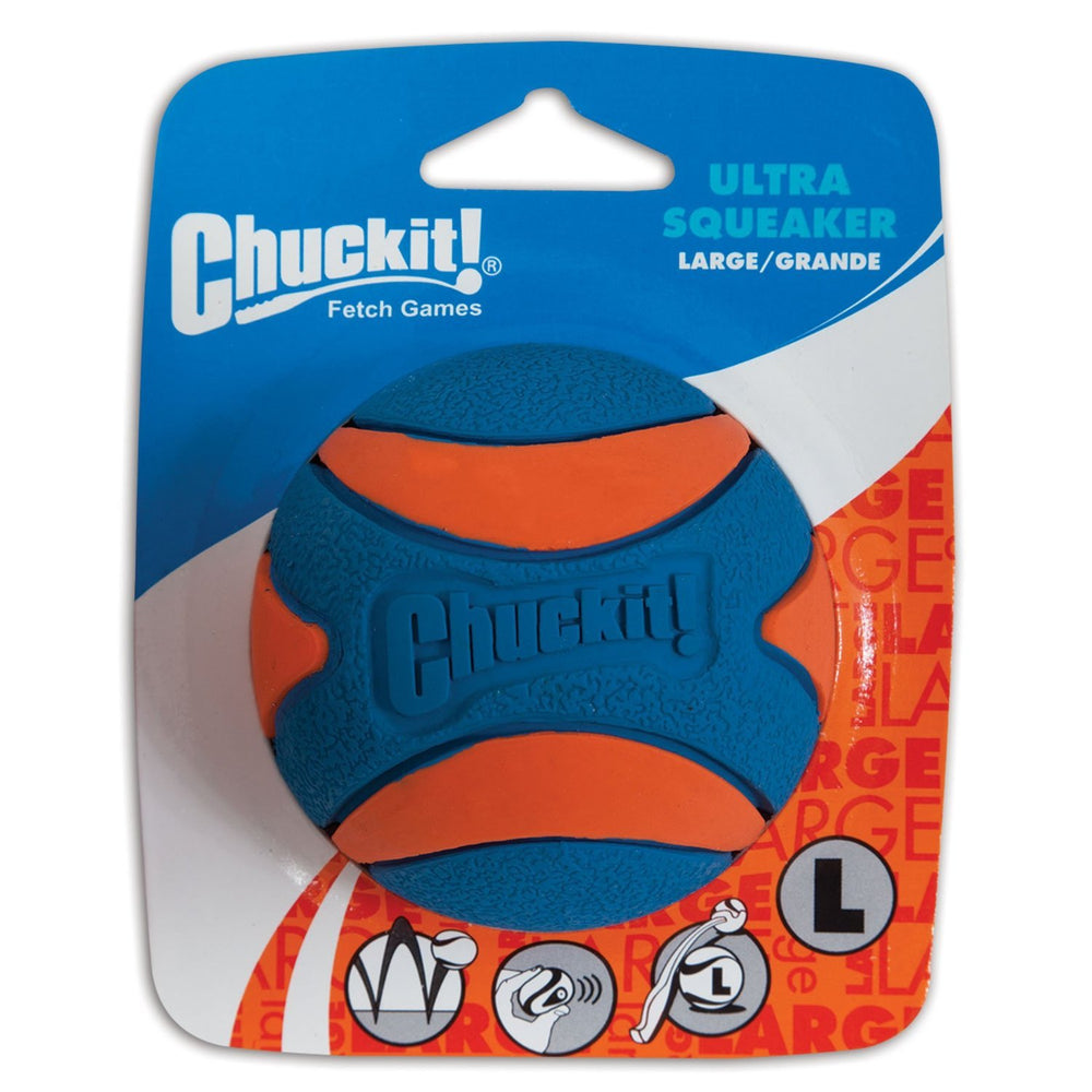 Chuckit! Ultra Squeaker Ball Large 3-pack display, ready for high-energy fetch.