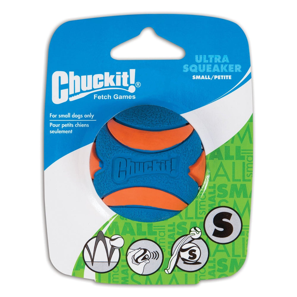 Chuckit! Ultra Squeaker Ball small ready for fetch and water play.