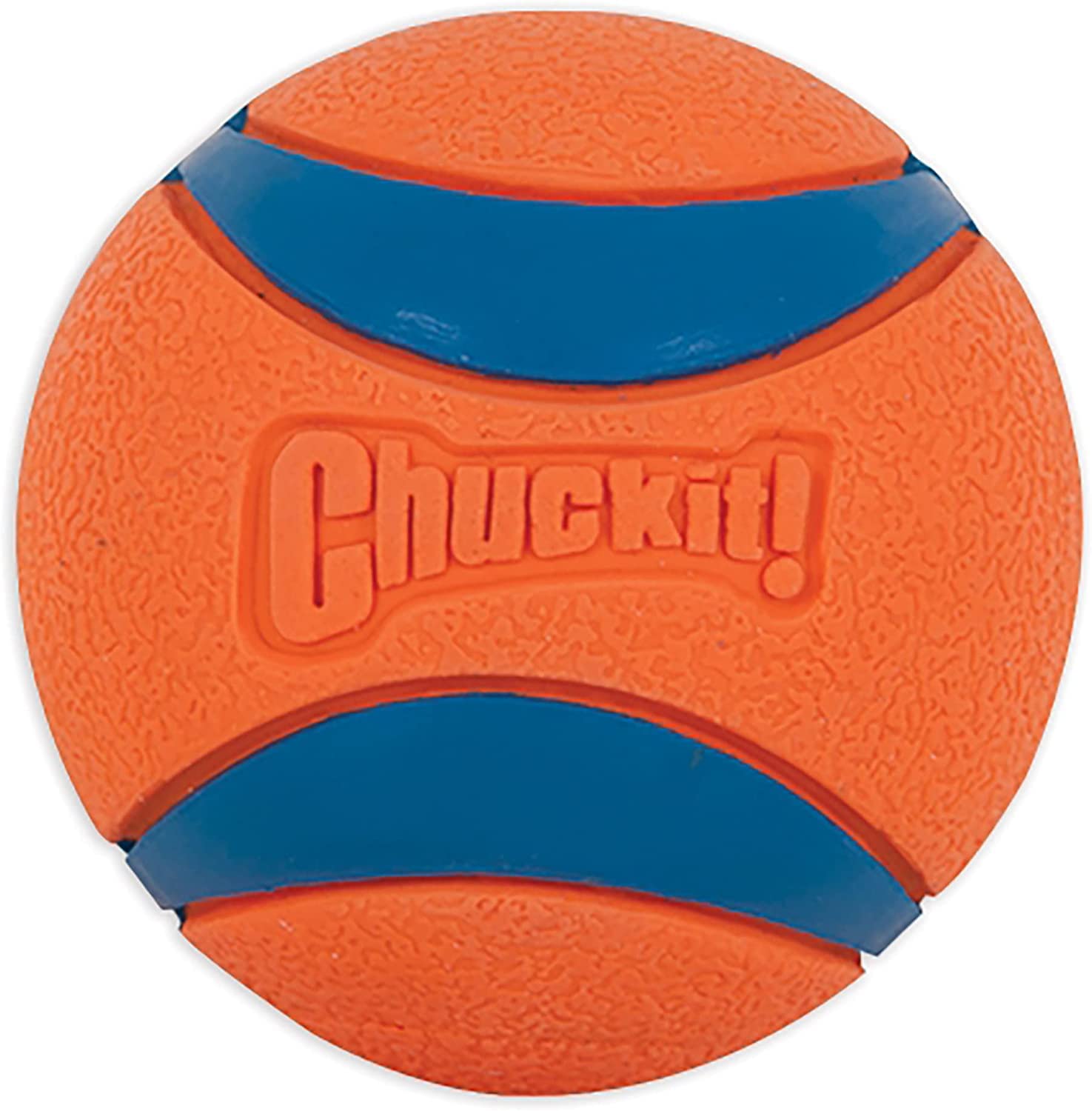 Close-up of Chuckit! XL blue/orange ball for large-dog play.