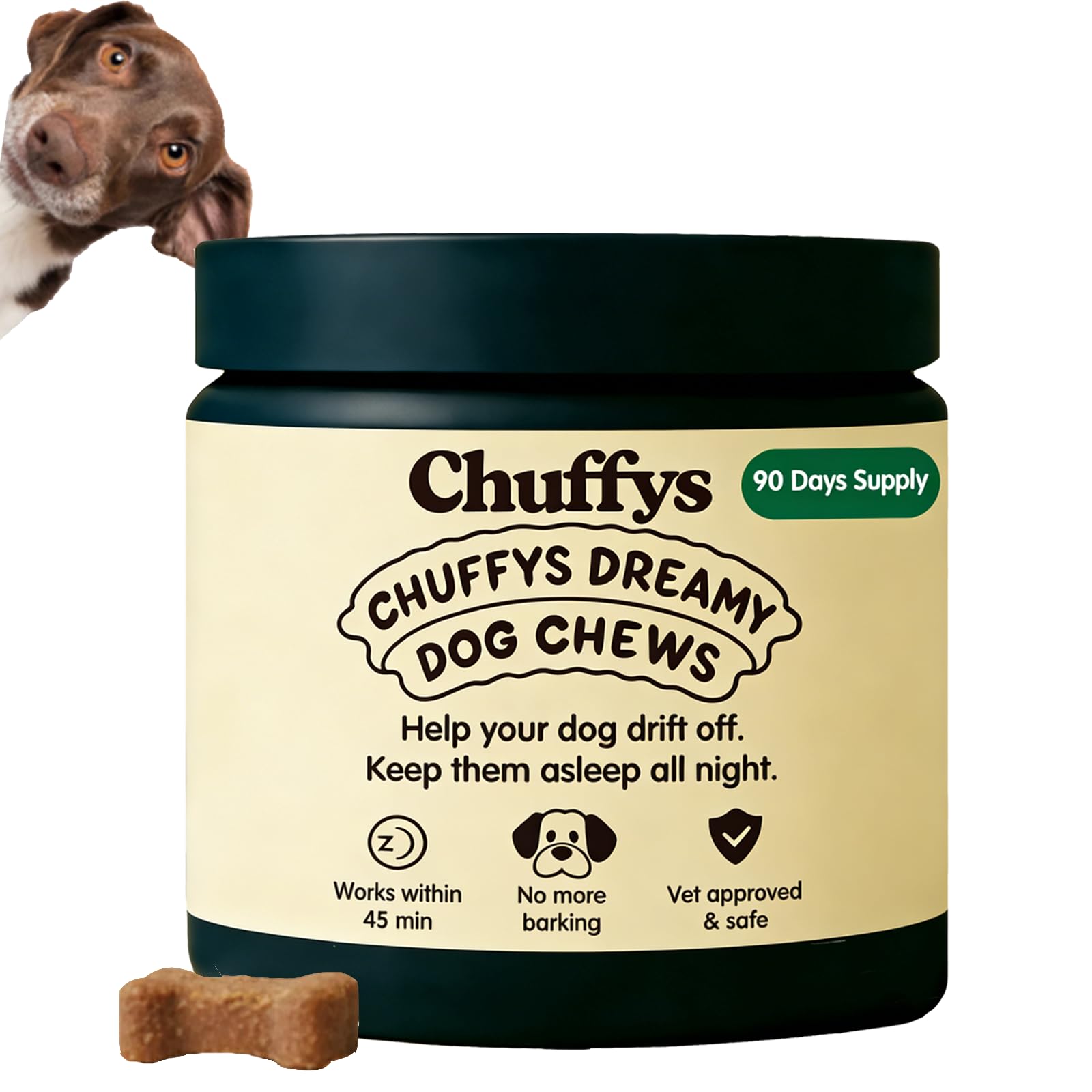 Chuffys Dreamy Pup Chews bottle promotes calm moments for dogs.