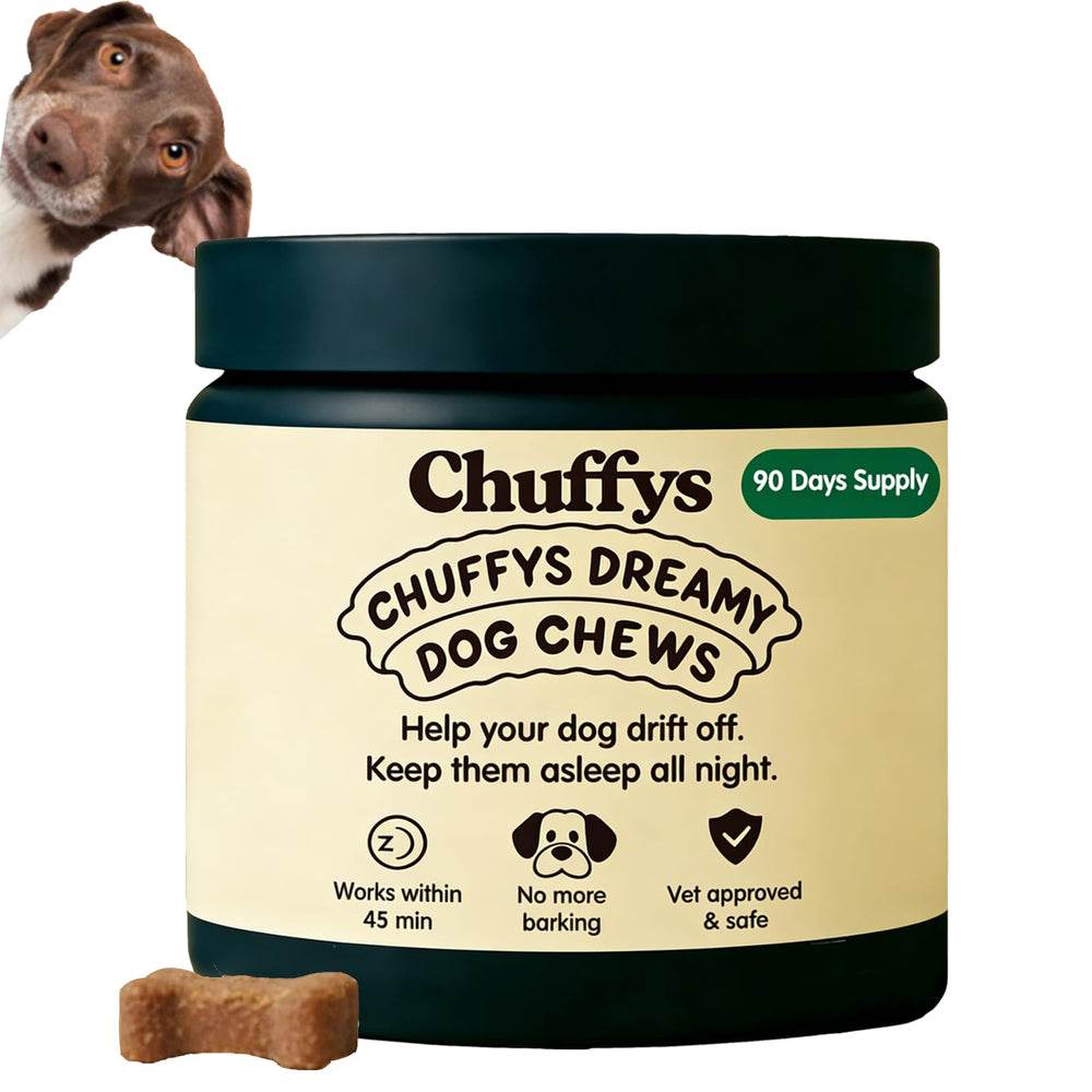 Chuffys Dreamy Pup Chews bottle promotes calm moments for dogs.