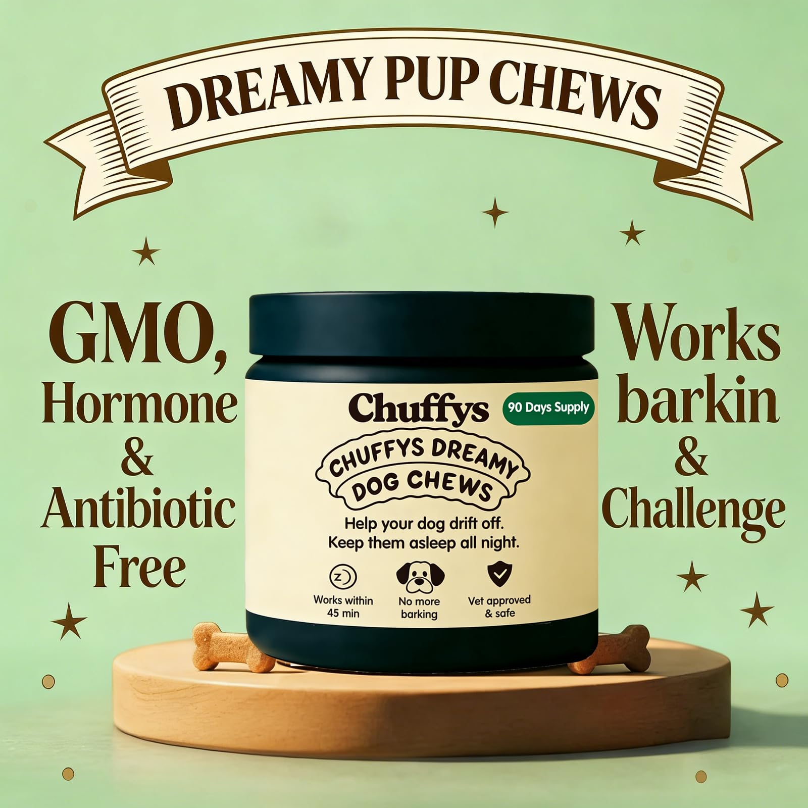 Close-up of Chuffys Dreamy Pup Chews tablets for easy calming.