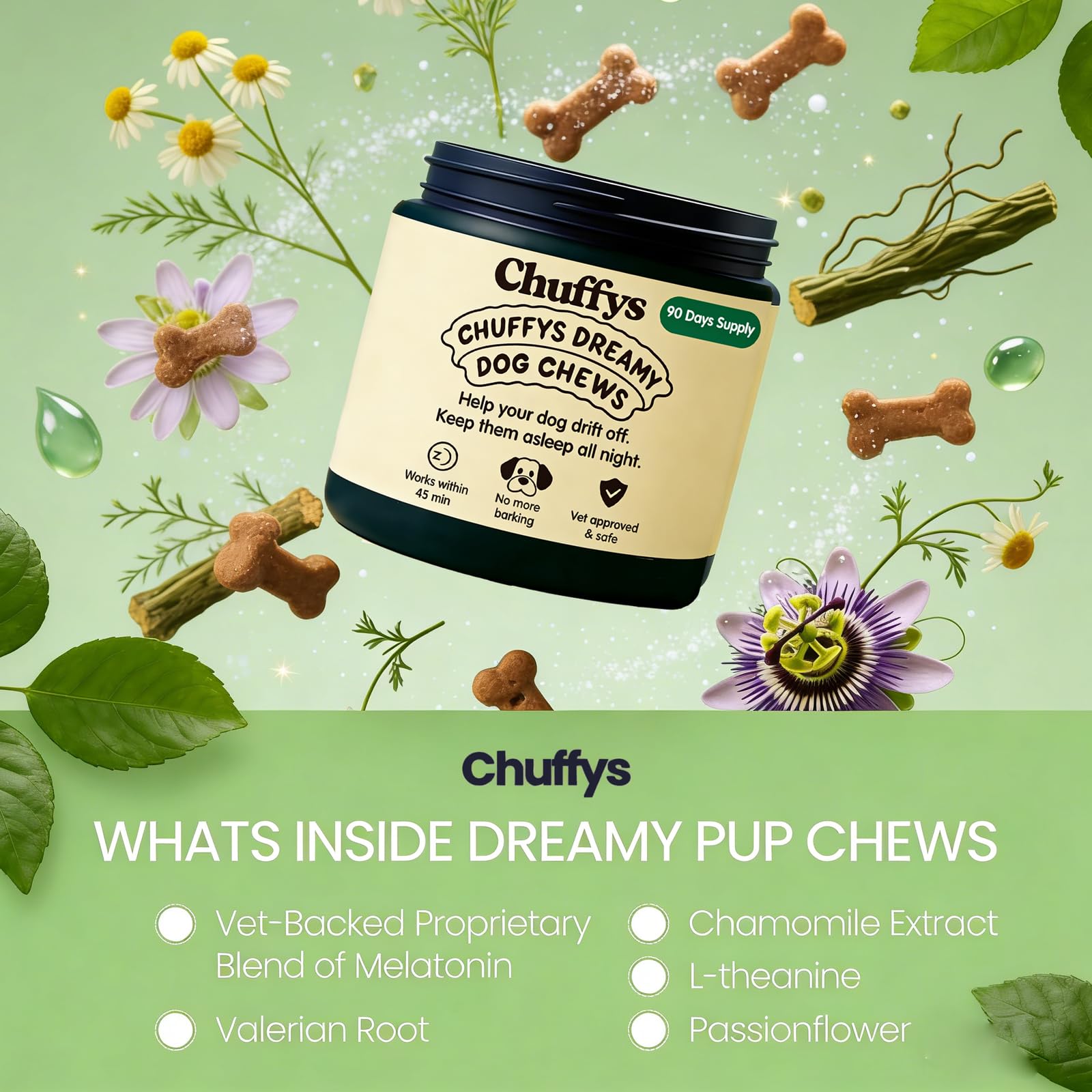 Dog sleeping peacefully after using Chuffys Dreamy Pup Chews.
