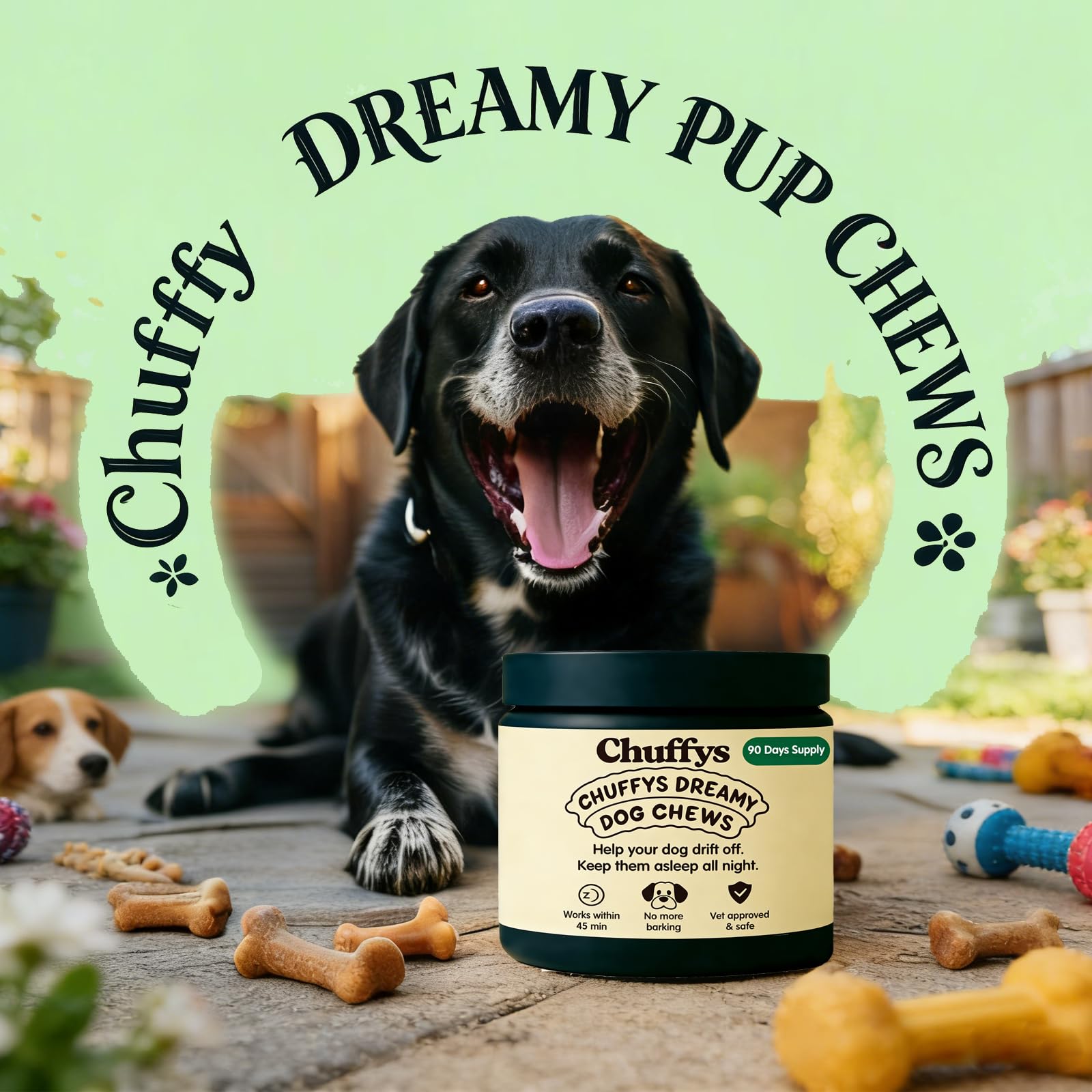Natural formula label on Chuffys Dreamy Pup Chews container.