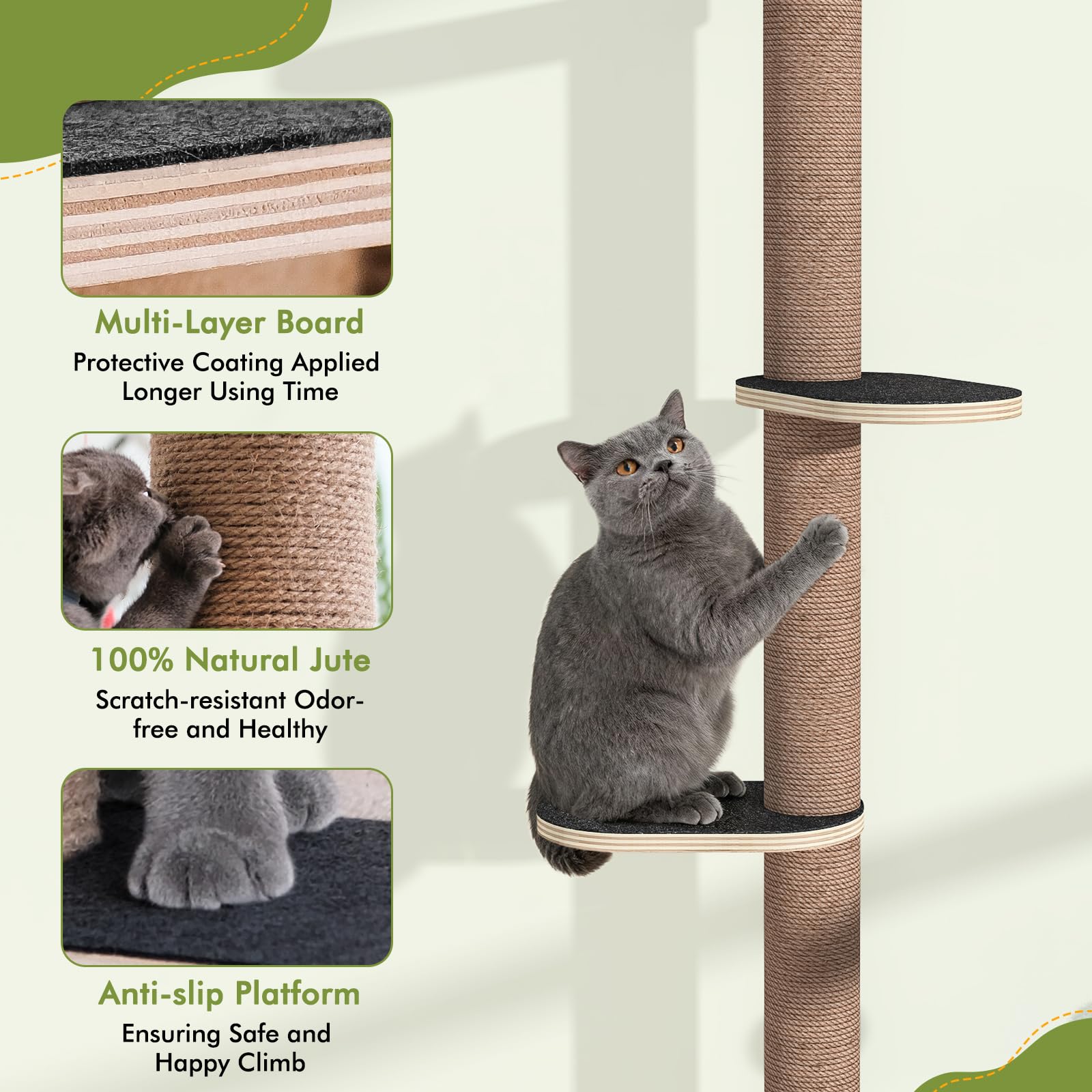 Chuiendi cat tree platforms with grey grip mats for stable lounging.