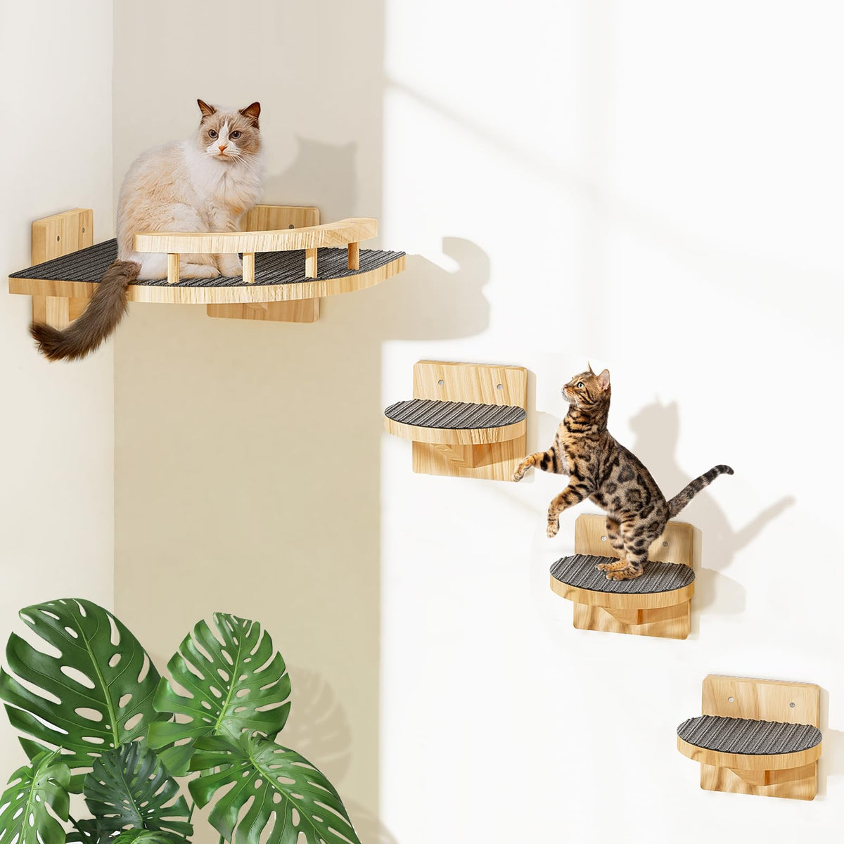 Chuiendi cat wall shelves 3 steps, side view, safe indoor climbing option