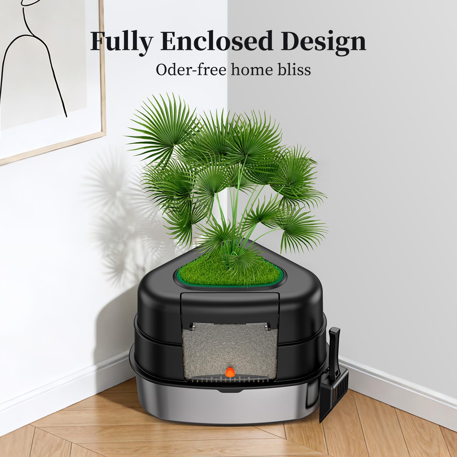 Chumajor hidden-plant litter box, front view, 70L capacity for large felines.