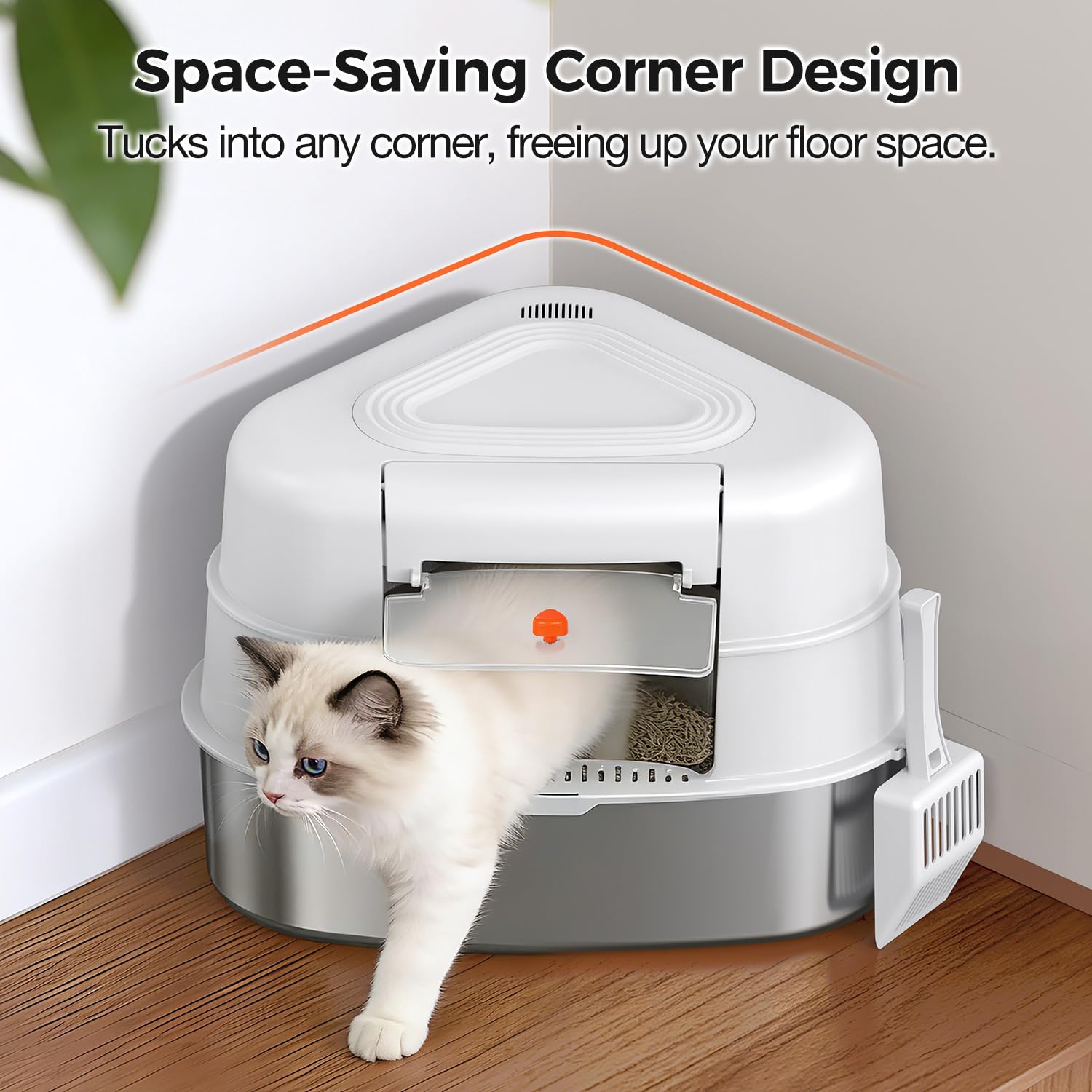 Chumajor corner litter box open mode, easy access for kittens and daily scooping.