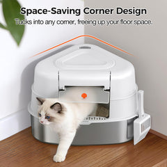 Chumajor corner litter box open mode, easy access for kittens and daily scooping.