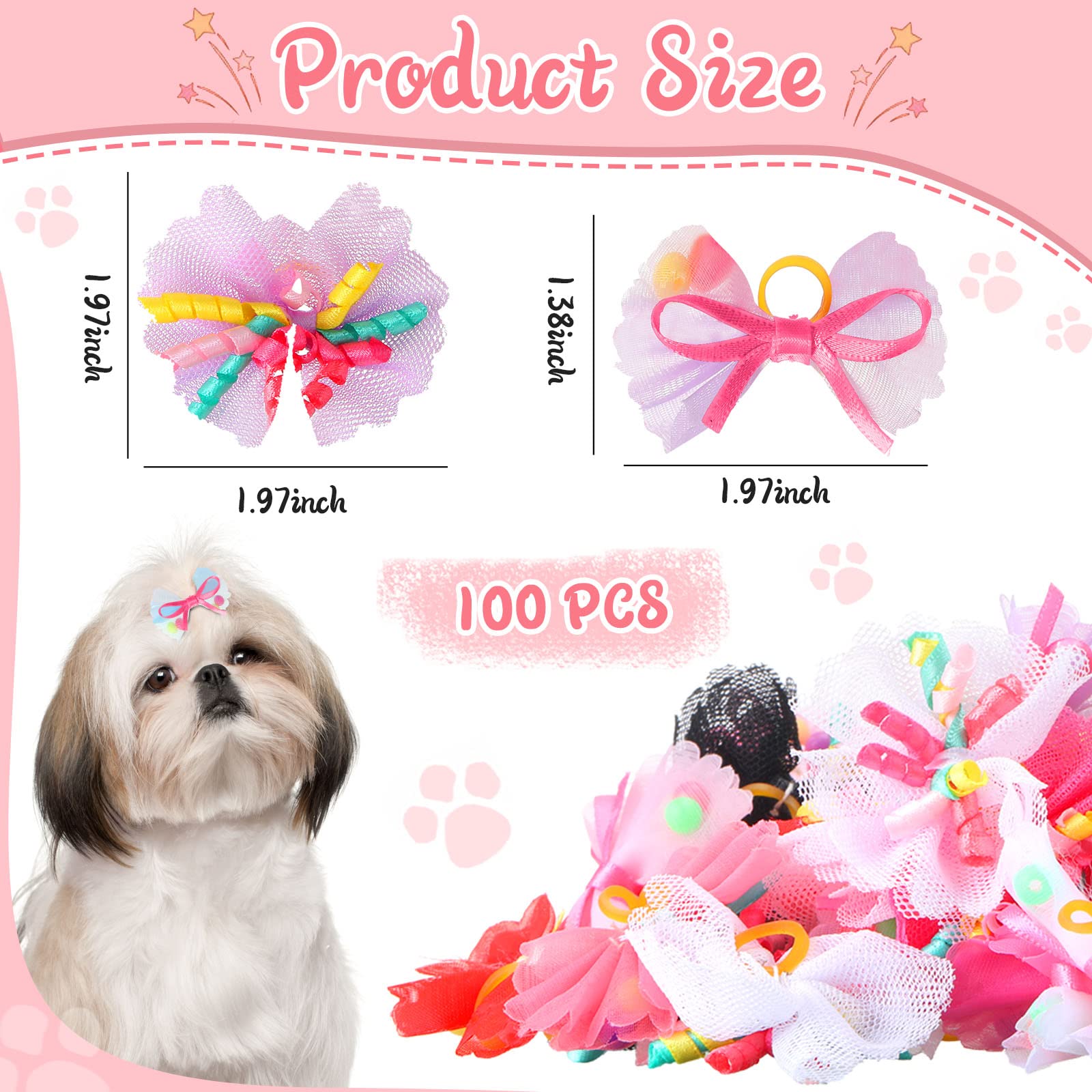 Chumia dog bows with curly ribbons add charm to outfits.