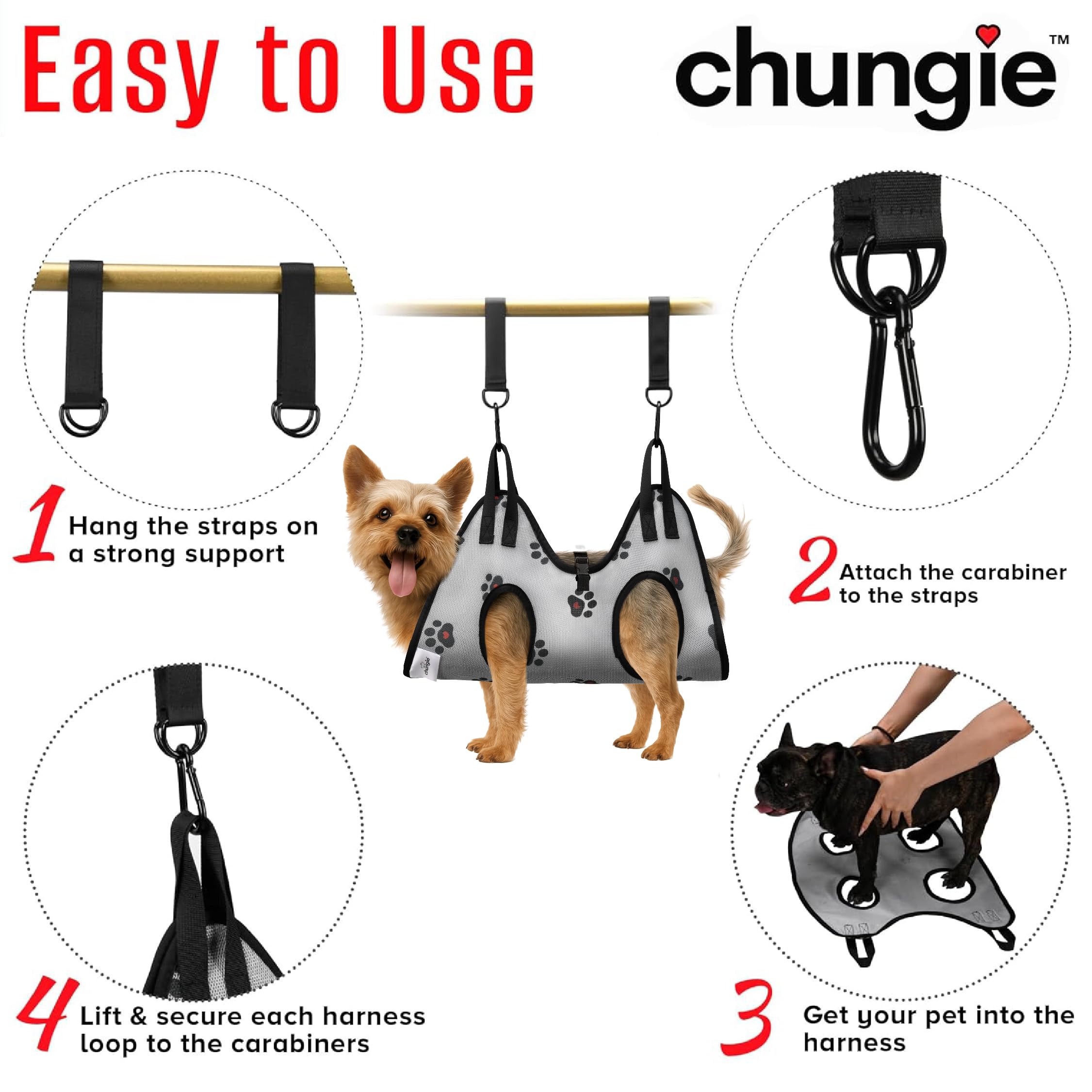 Chungie hanging straps secure the grooming hammock during use